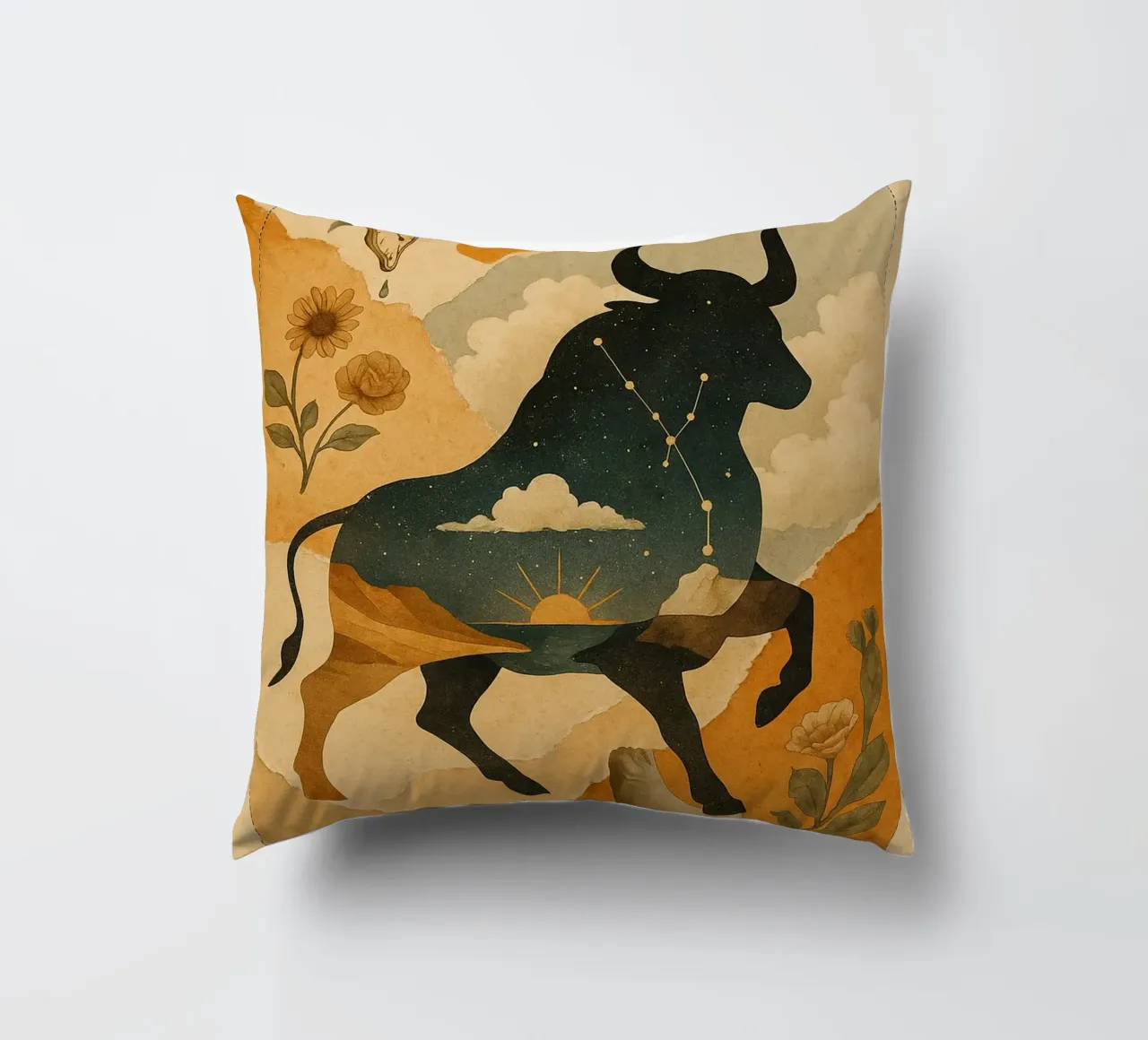 The Cosmic Bull: A Dreamlike Taurus Tapestry cuscino da Mosaic Dialogue