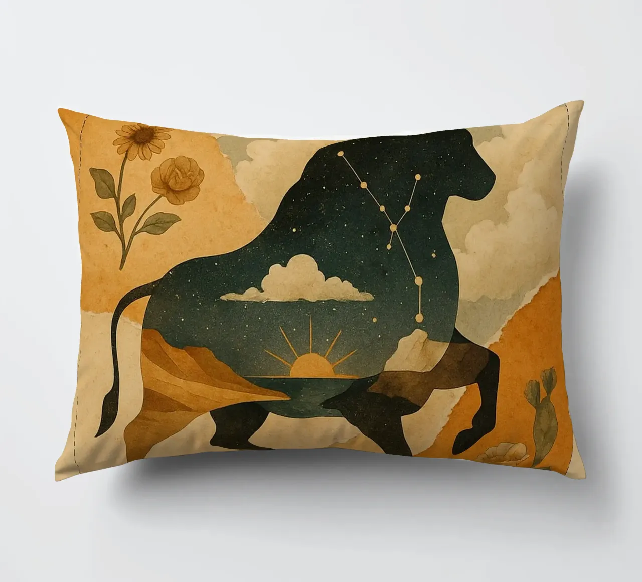 The Cosmic Bull: A Dreamlike Taurus Tapestry cuscino da Mosaic Dialogue