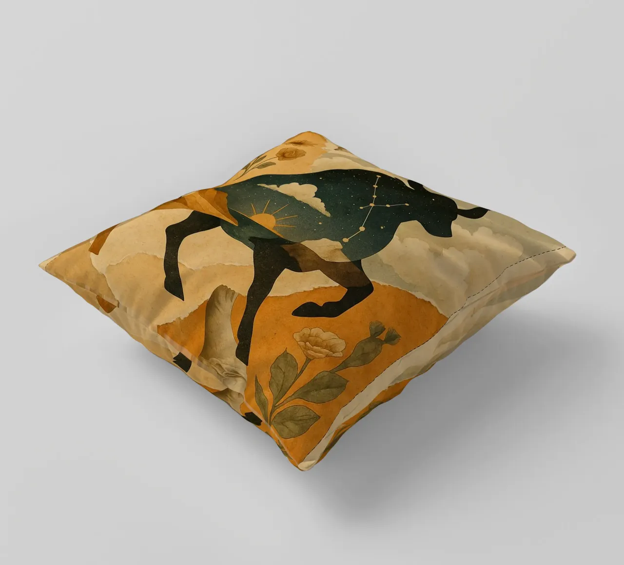 The Cosmic Bull: A Dreamlike Taurus Tapestry cuscino da Mosaic Dialogue