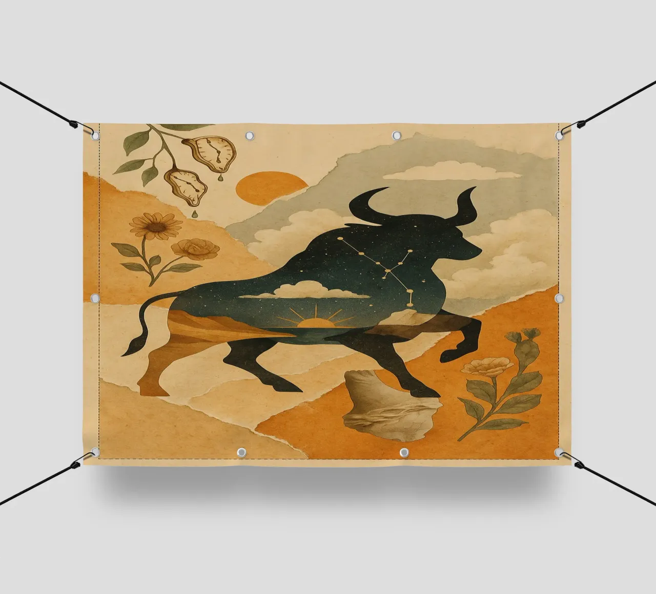 The Cosmic Bull: A Dreamlike Taurus Tapestry telo in pvc da Mosaic Dialogue