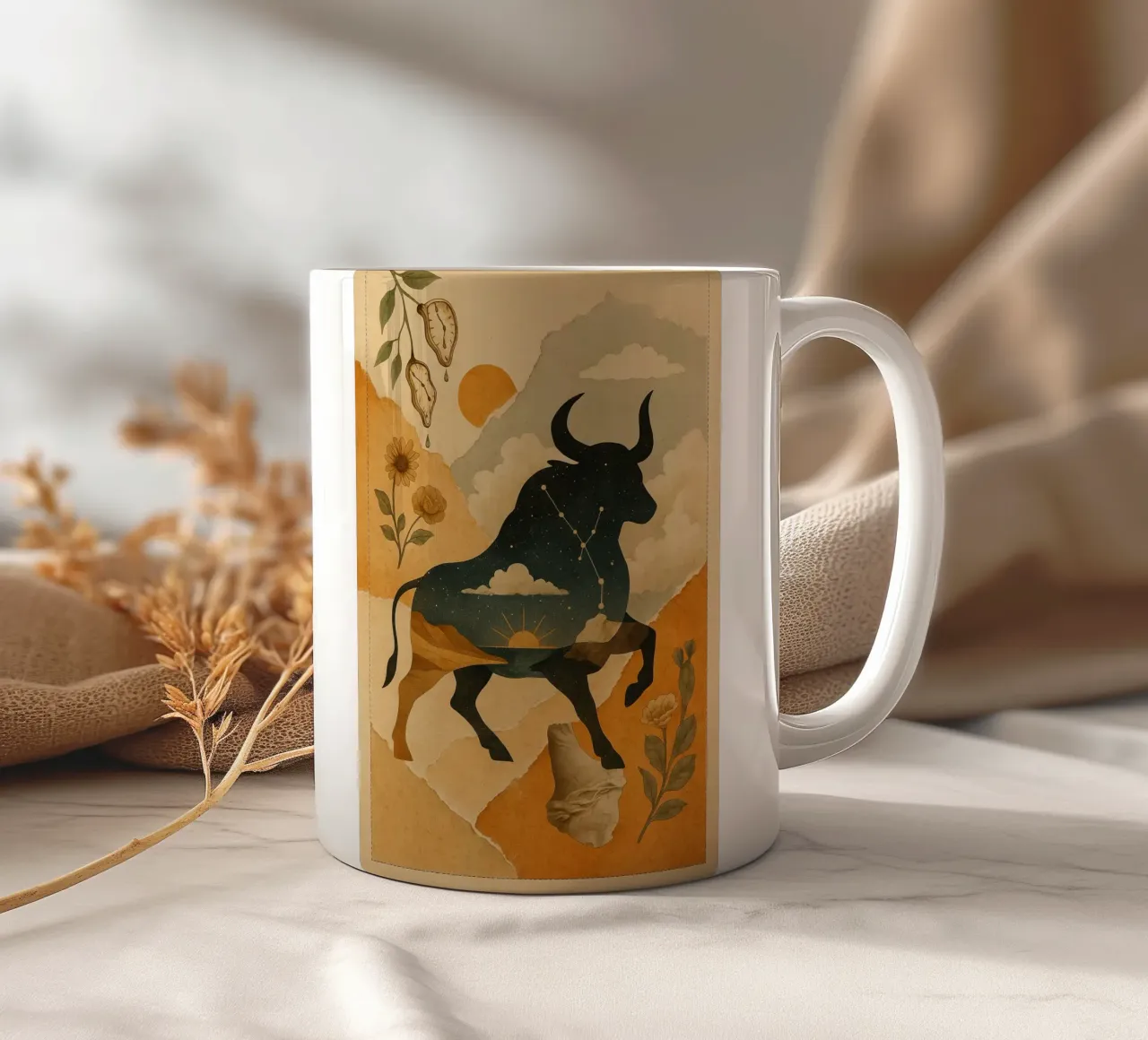 The Cosmic Bull: A Dreamlike Taurus Tapestry tazza in ceramica da Mosaic Dialogue