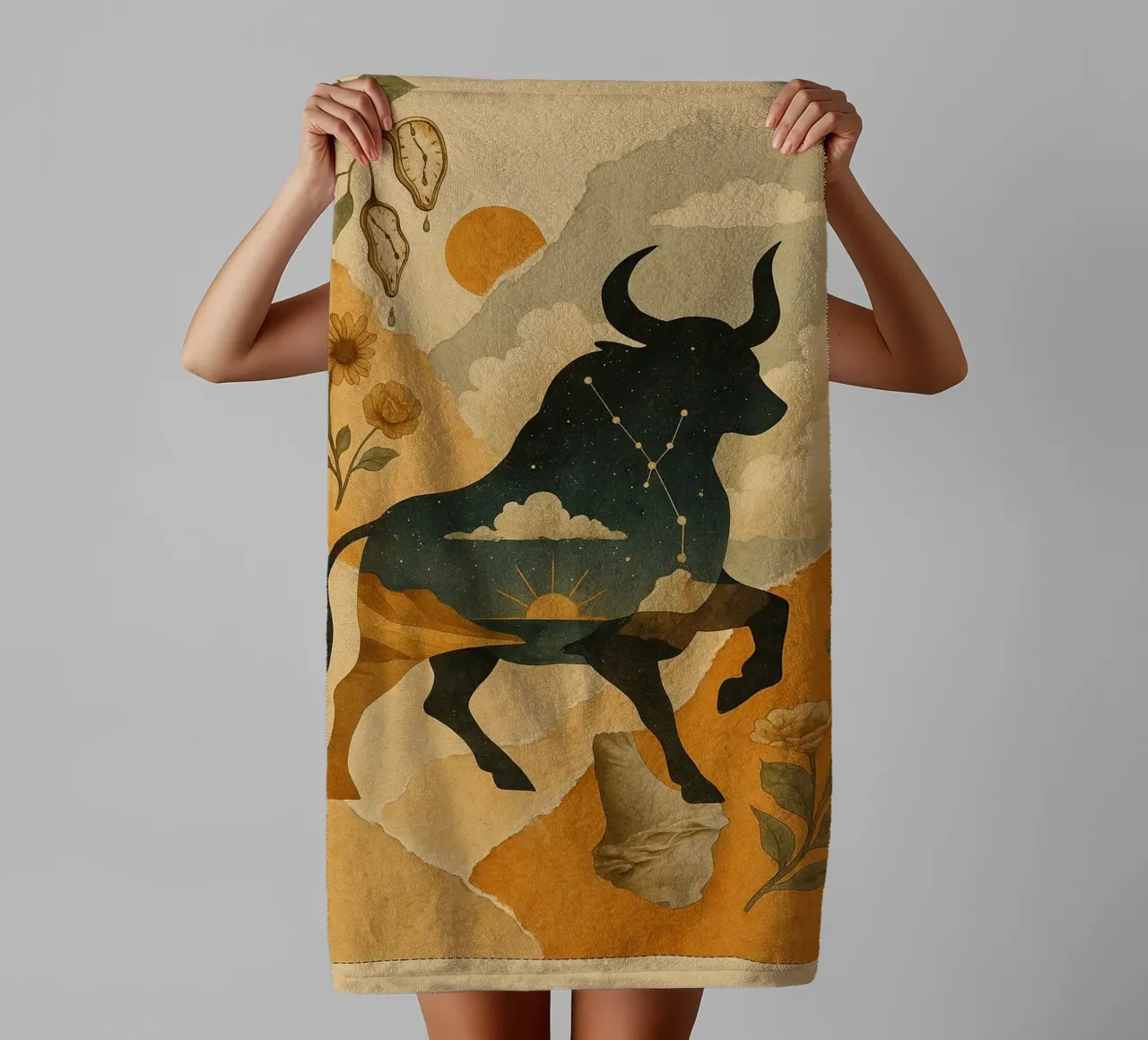 The Cosmic Bull: A Dreamlike Taurus Tapestry asciugamano da bagno da Mosaic Dialogue