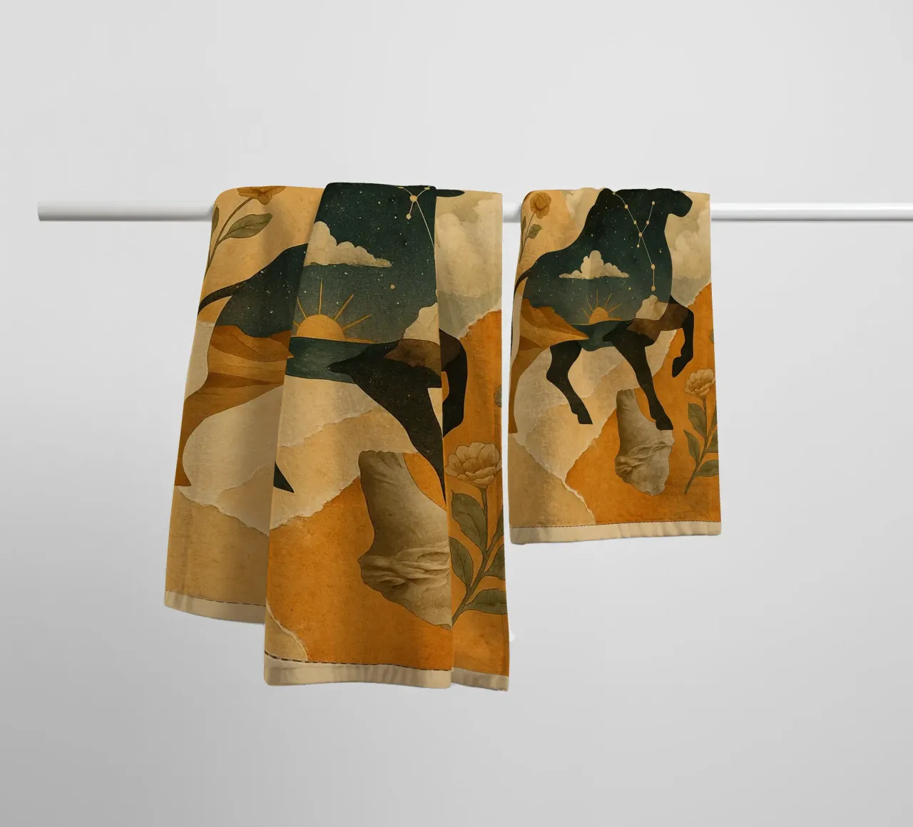 The Cosmic Bull: A Dreamlike Taurus Tapestry asciugamano da bagno da Mosaic Dialogue
