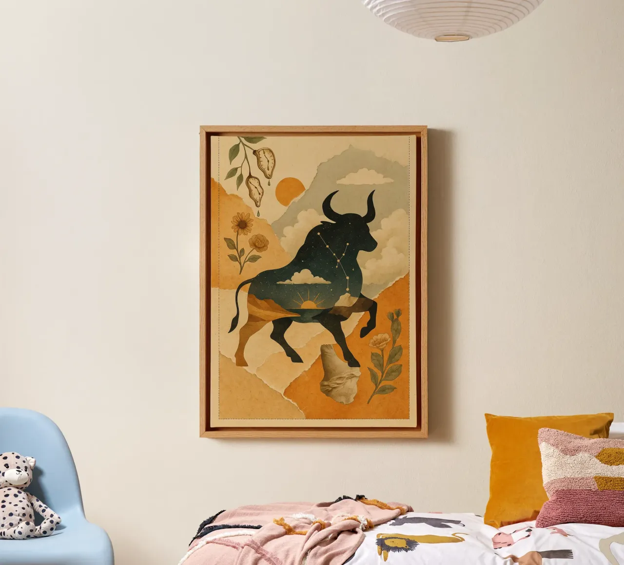 The Cosmic Bull: A Dreamlike Taurus Tapestry tela con Cornice a cassetta da Mosaic Dialogue