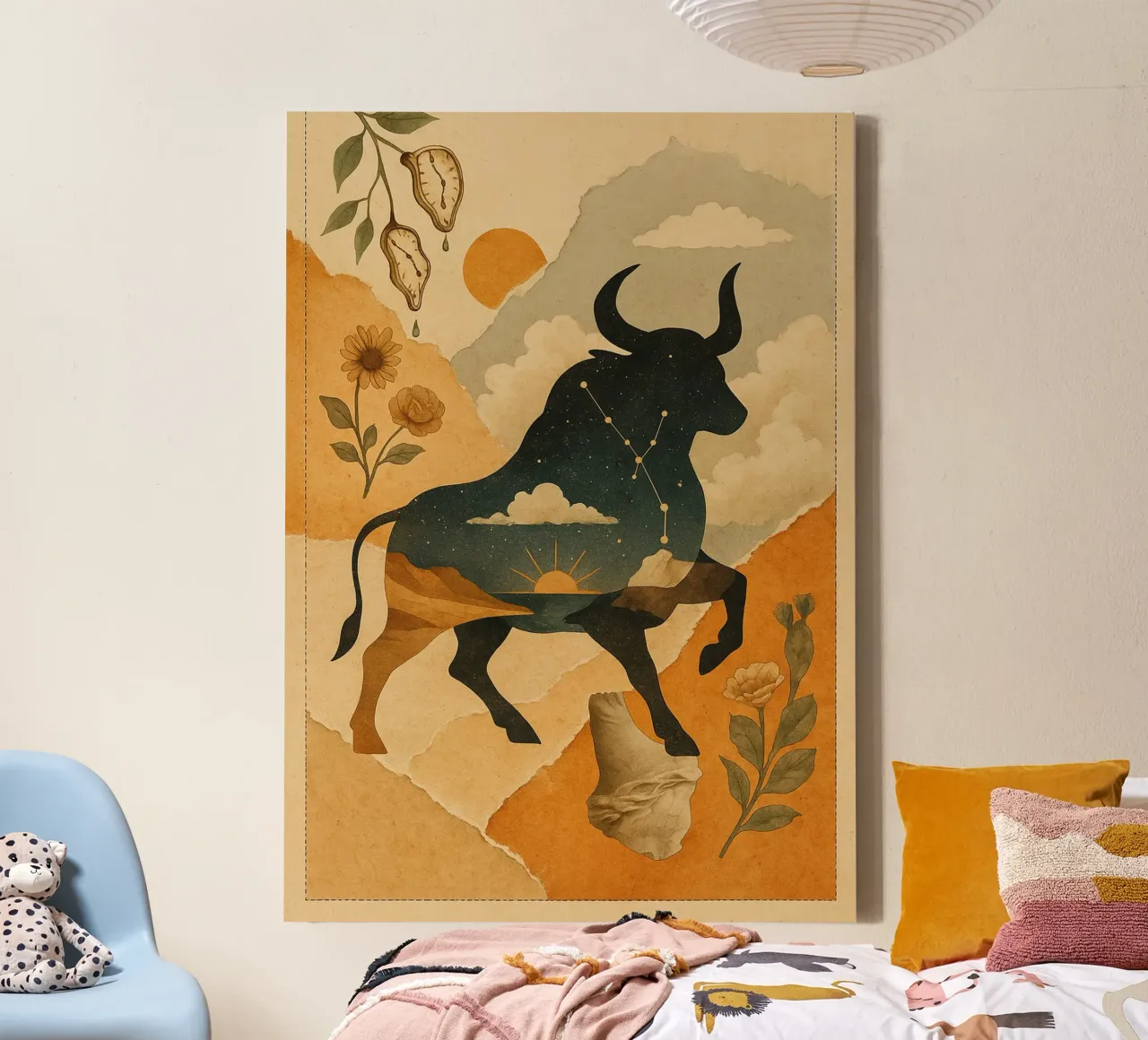 The Cosmic Bull: A Dreamlike Taurus Tapestry tela con Cornice a cassetta da Mosaic Dialogue