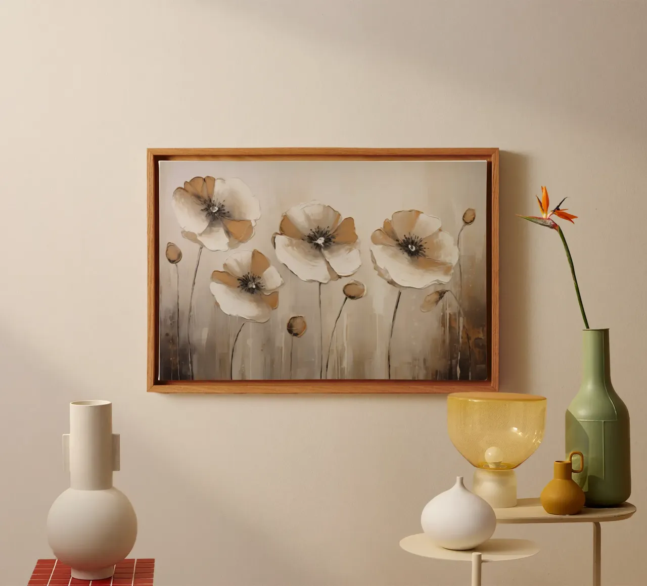 Klaprozen in taupe kleuren canvas met Baklijst van Imagine