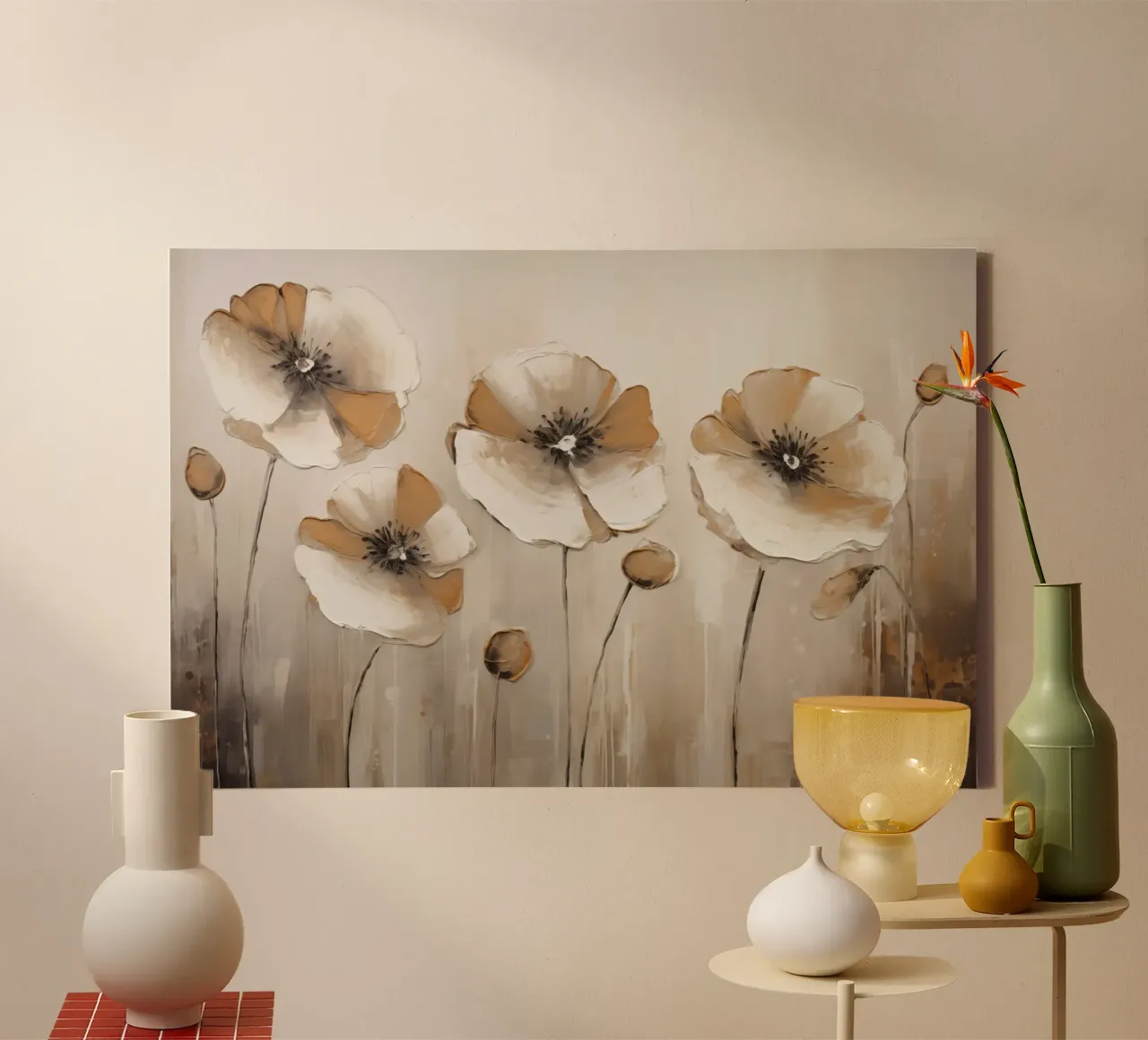 Klaprozen in taupe kleuren canvas met Baklijst van Imagine