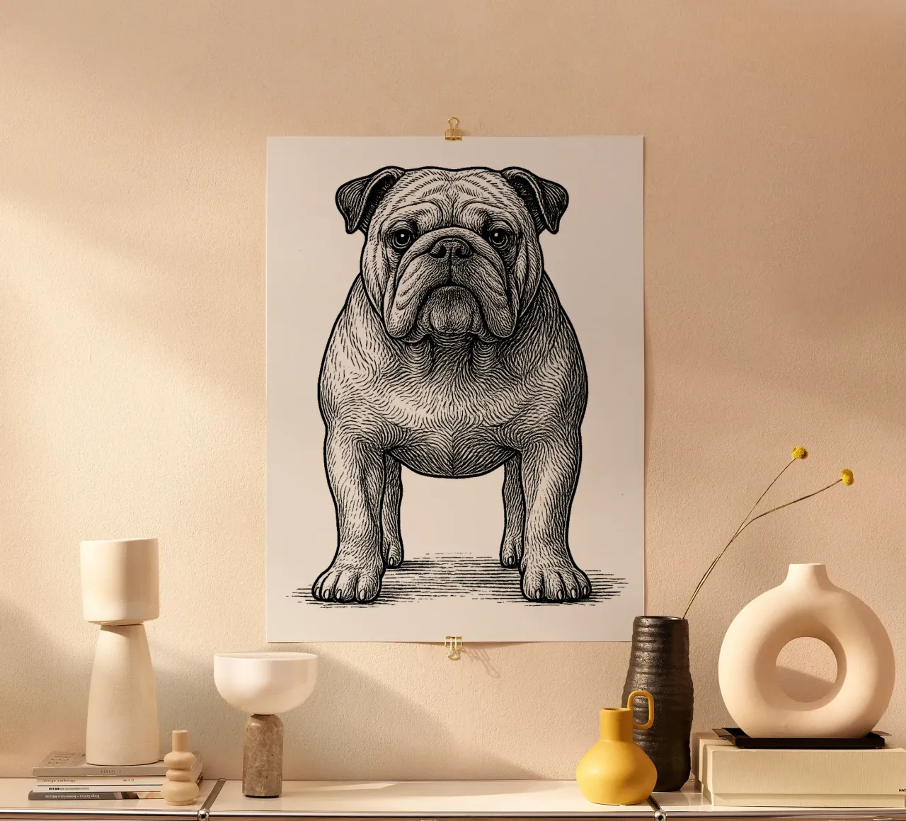 Bulldogge in Gravur poster con telaio in legno da Frameform