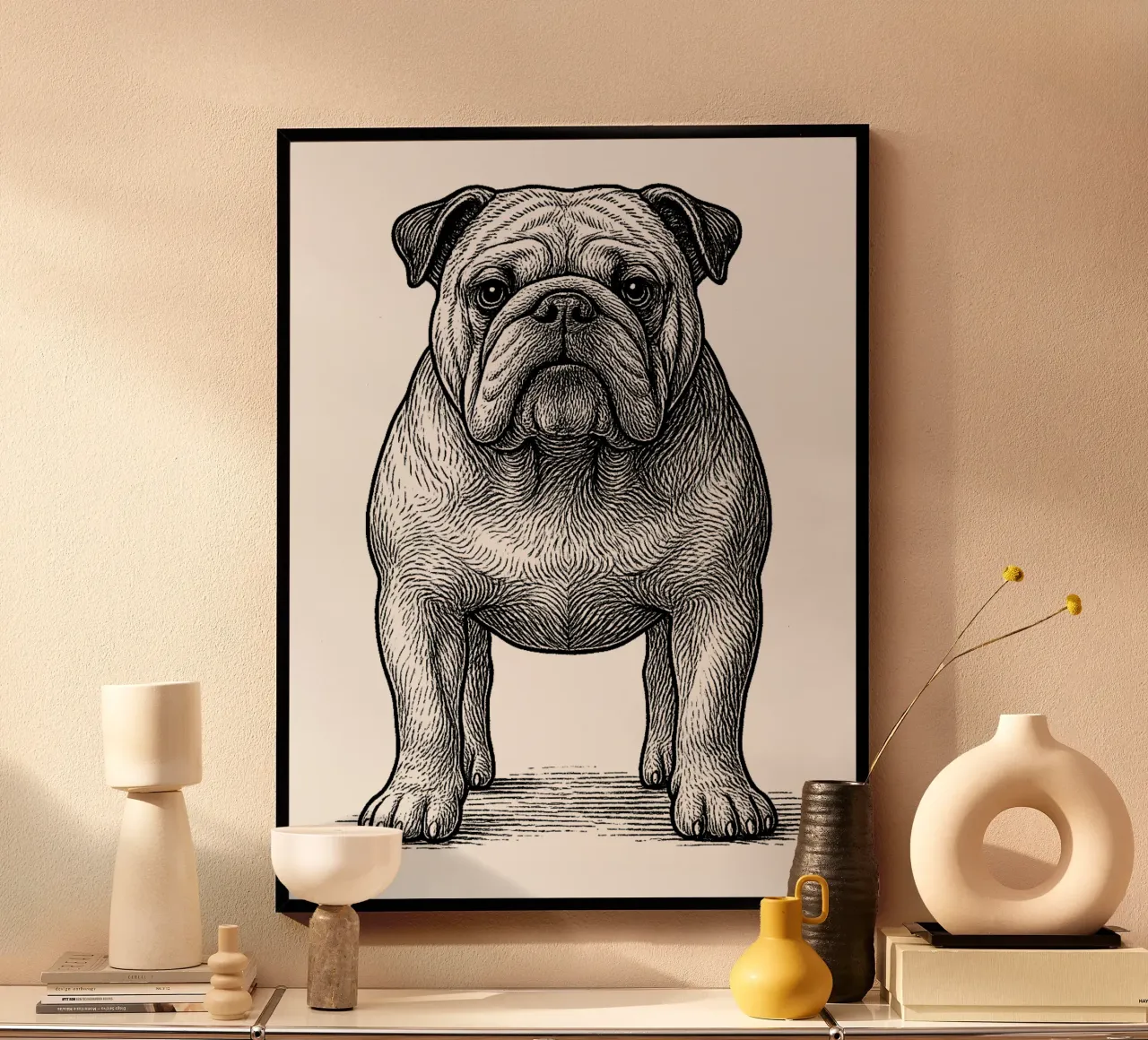 Bulldogge in Gravur poster con telaio in legno da Frameform