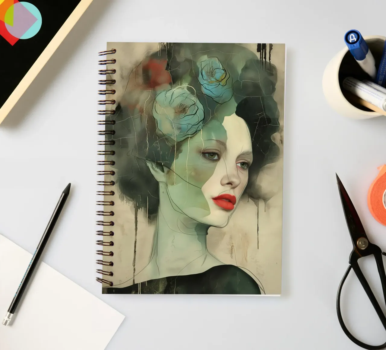 Abstract portrait in green colours spiral notebook by Imagine