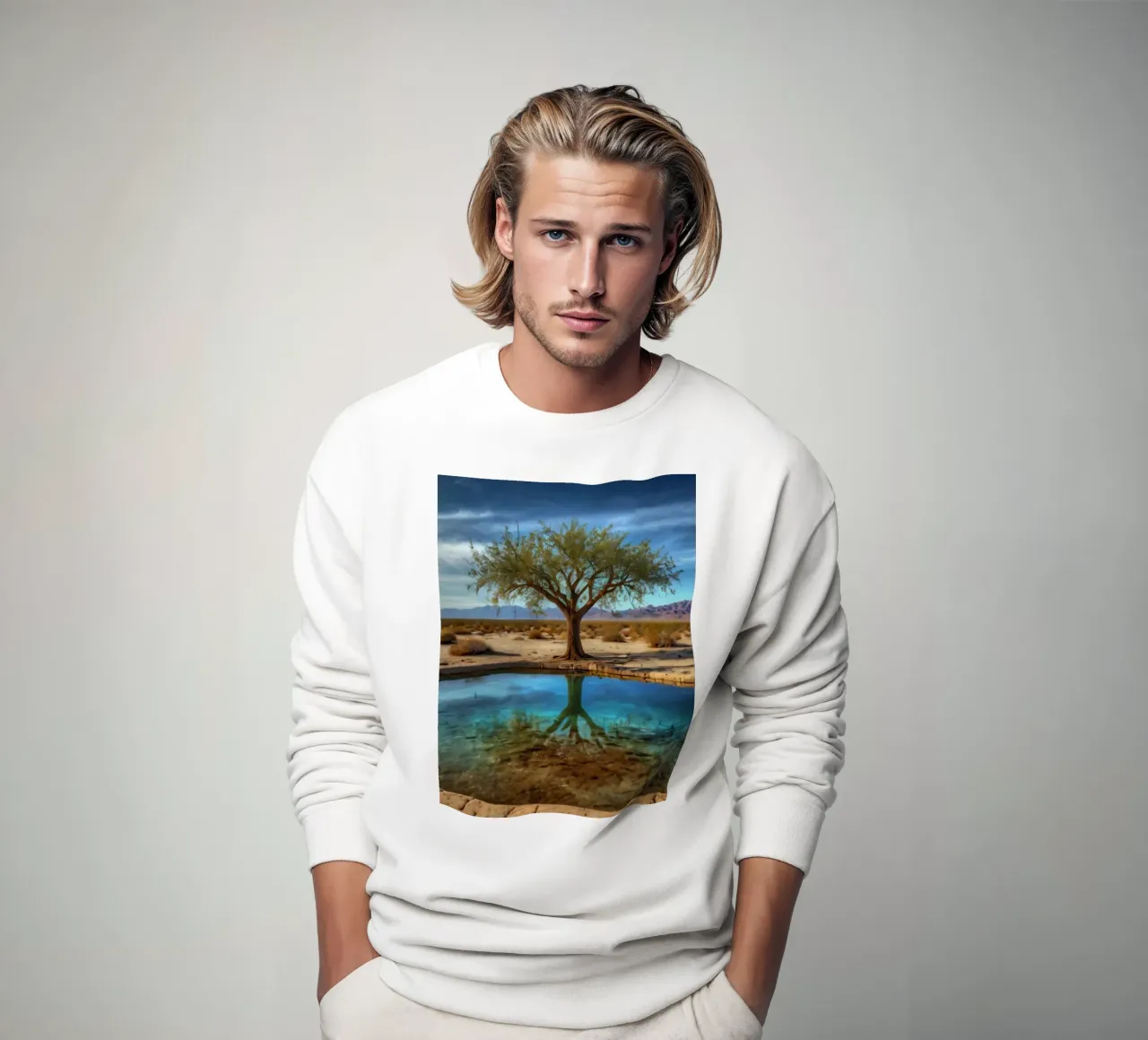 Un'oasi di pace nel deserto con un albero vivace che si riflette in un'atmosfera limpida. felpa da DesignDoodle