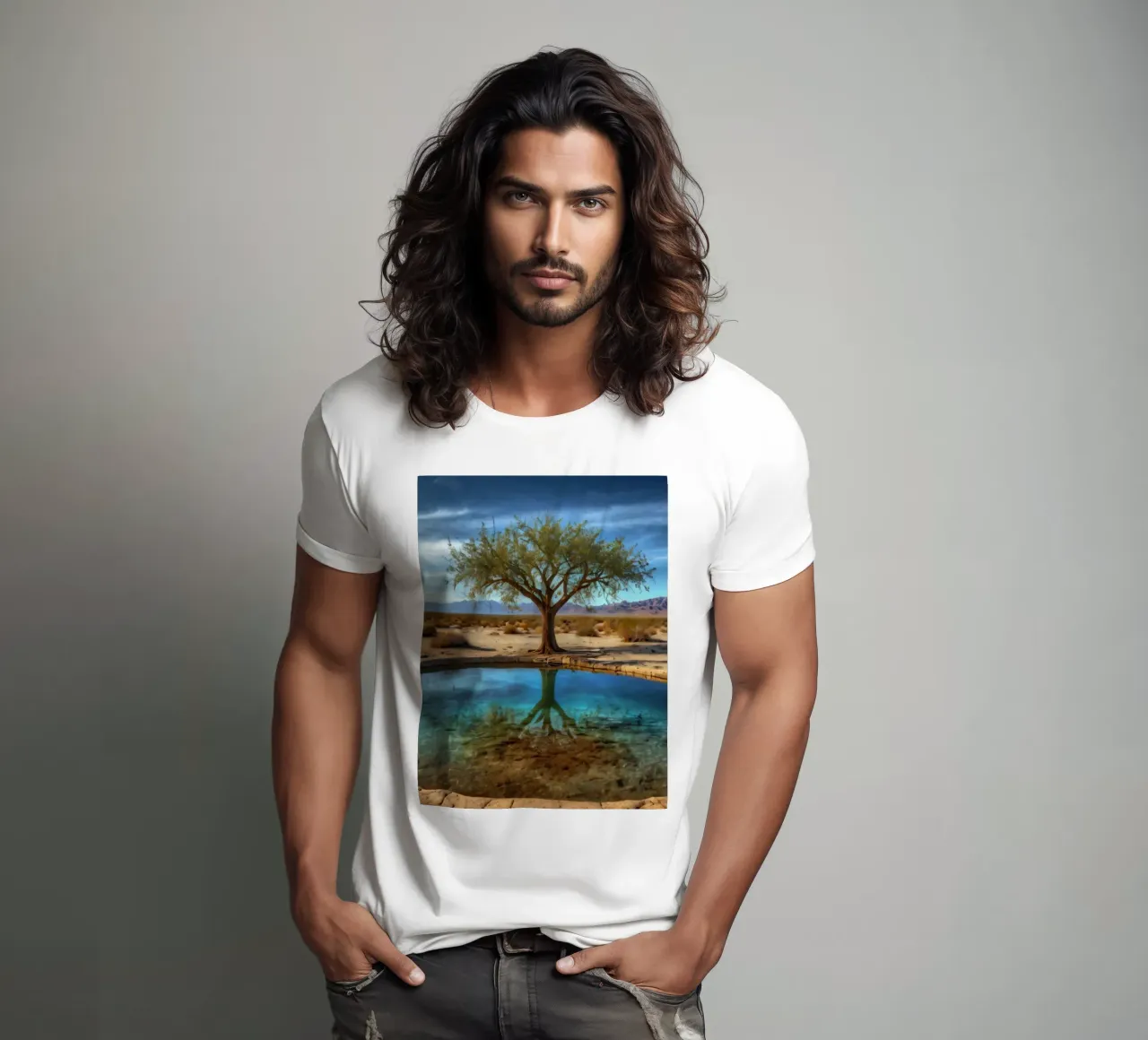 Un'oasi di pace nel deserto con un albero vivace che si riflette in un'atmosfera limpida. t-shirt da DesignDoodle