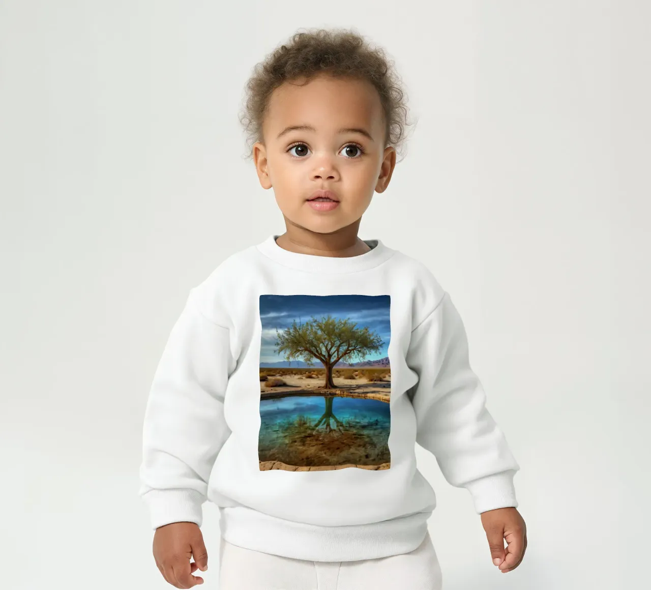 Un'oasi di pace nel deserto con un albero vivace che si riflette in un'atmosfera limpida. felpa neonato da DesignDoodle