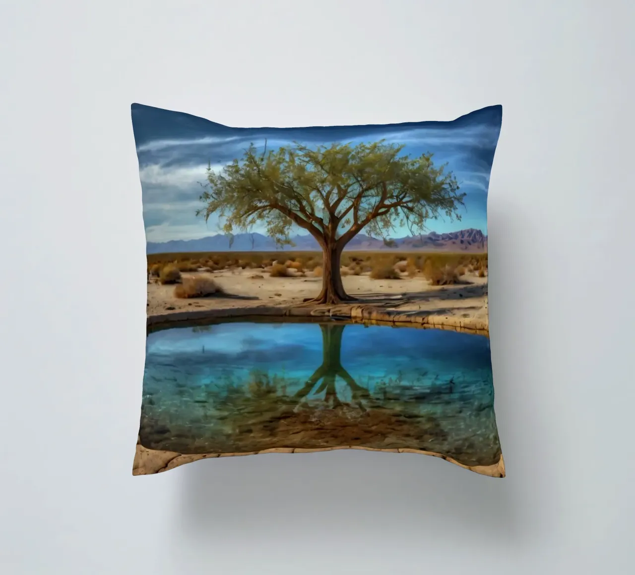 Un'oasi di pace nel deserto con un albero vivace che si riflette in un'atmosfera limpida. cuscino da DesignDoodle