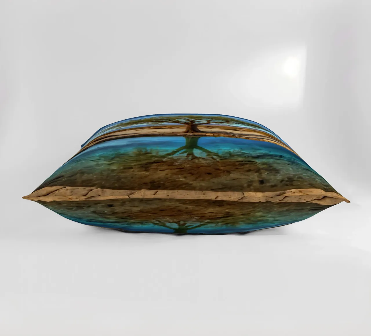 Un'oasi di pace nel deserto con un albero vivace che si riflette in un'atmosfera limpida. cuscino da DesignDoodle