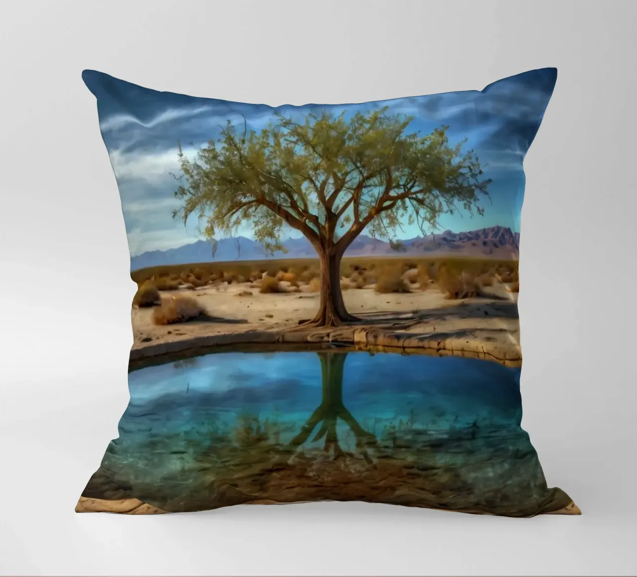Un'oasi di pace nel deserto con un albero vivace che si riflette in un'atmosfera limpida. cuscino da DesignDoodle