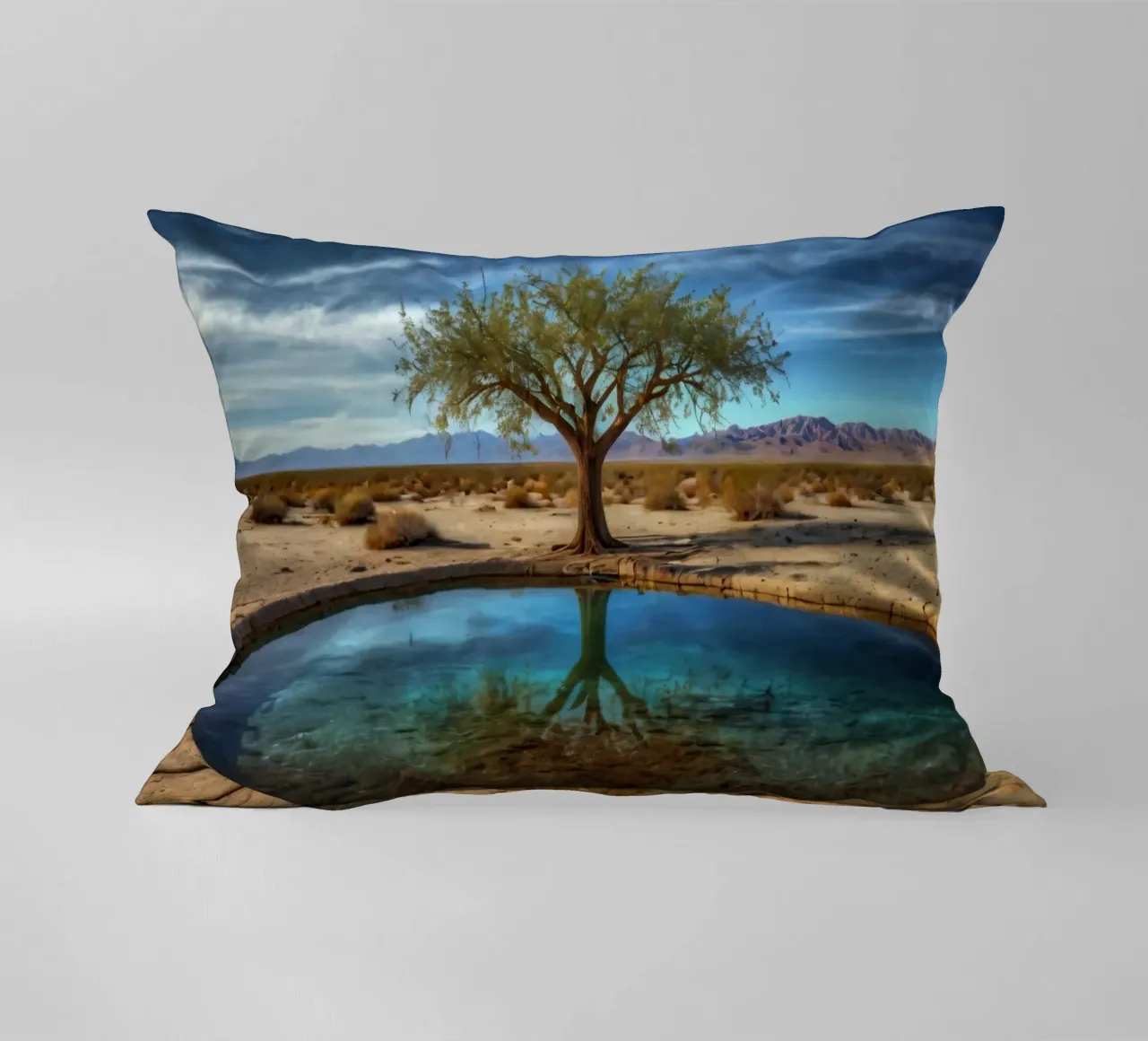 Un'oasi di pace nel deserto con un albero vivace che si riflette in un'atmosfera limpida. cuscino da DesignDoodle