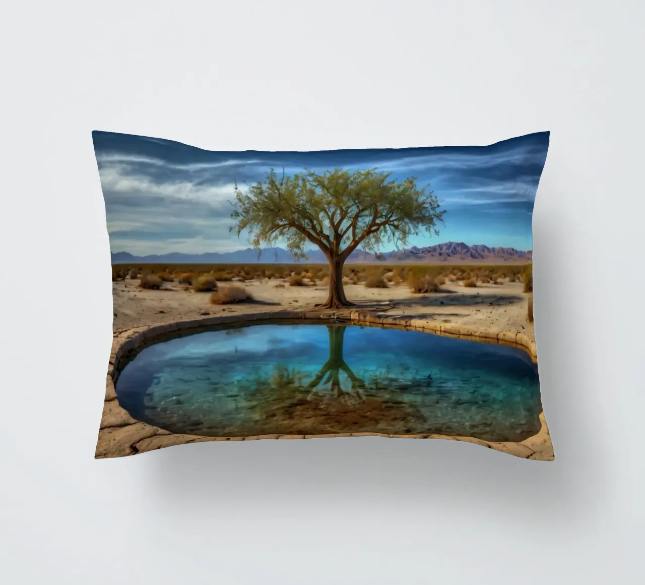 Un'oasi di pace nel deserto con un albero vivace che si riflette in un'atmosfera limpida. cuscino da DesignDoodle