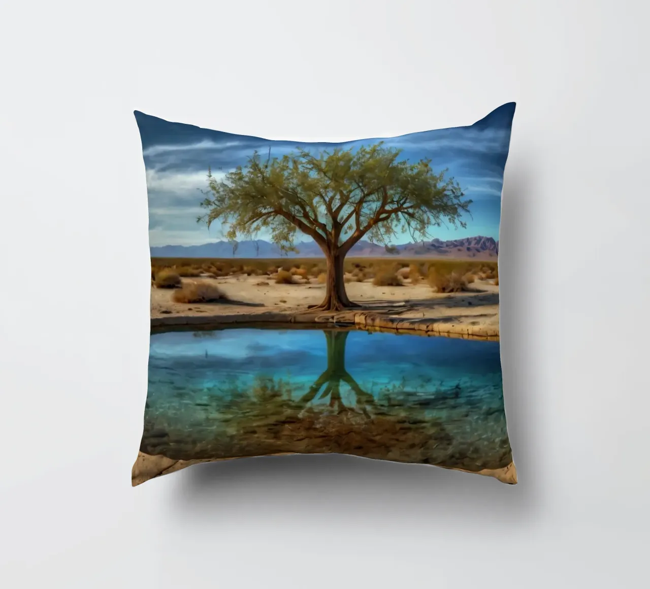 Un'oasi di pace nel deserto con un albero vivace che si riflette in un'atmosfera limpida. cuscino da DesignDoodle