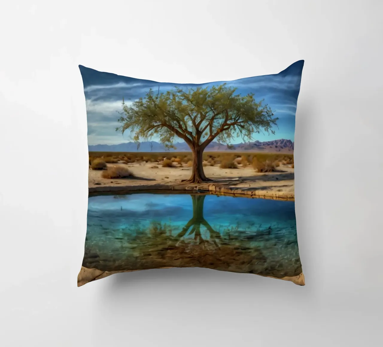 Un'oasi di pace nel deserto con un albero vivace che si riflette in un'atmosfera limpida. cuscino da DesignDoodle