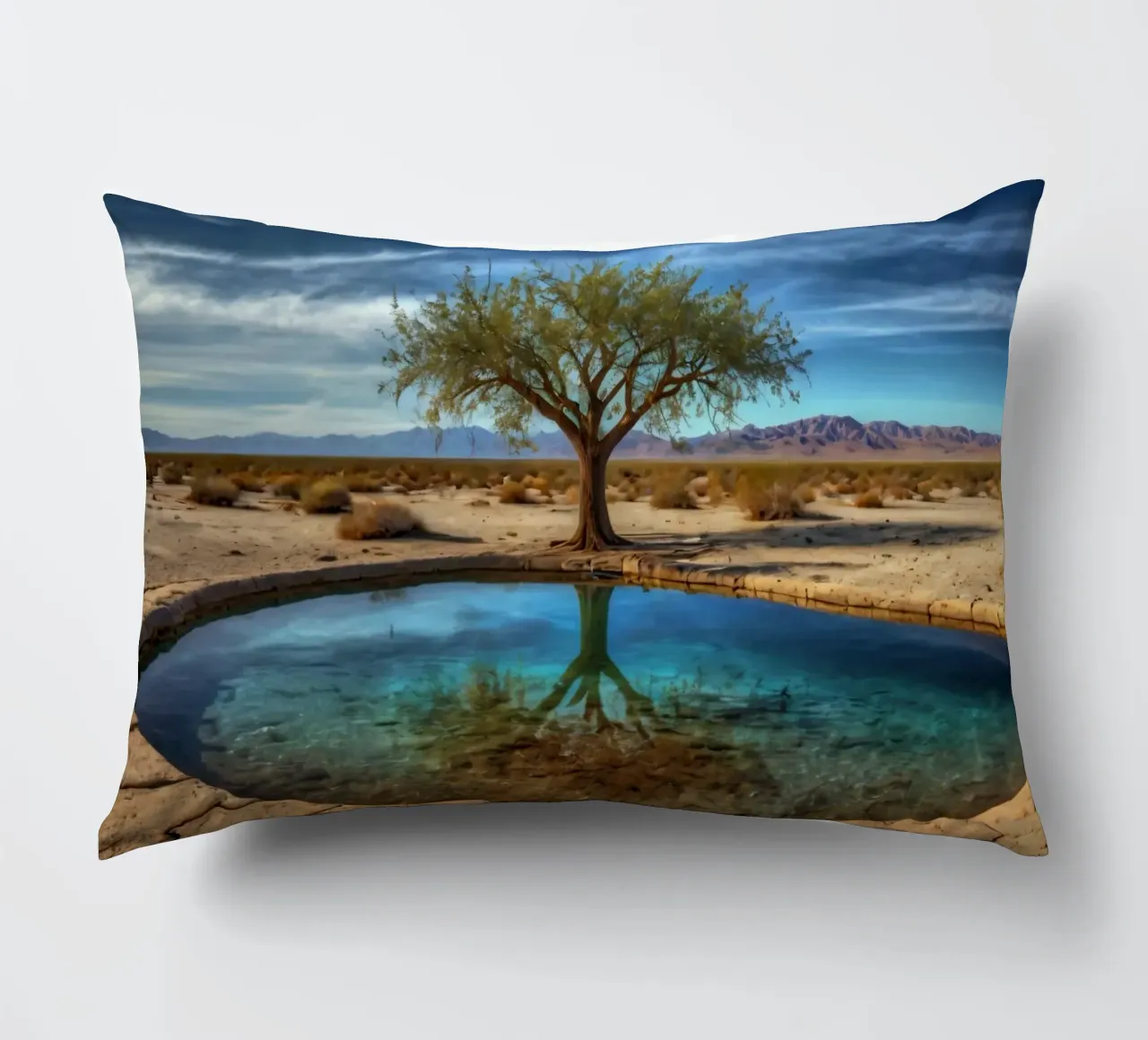 Un'oasi di pace nel deserto con un albero vivace che si riflette in un'atmosfera limpida. cuscino da DesignDoodle