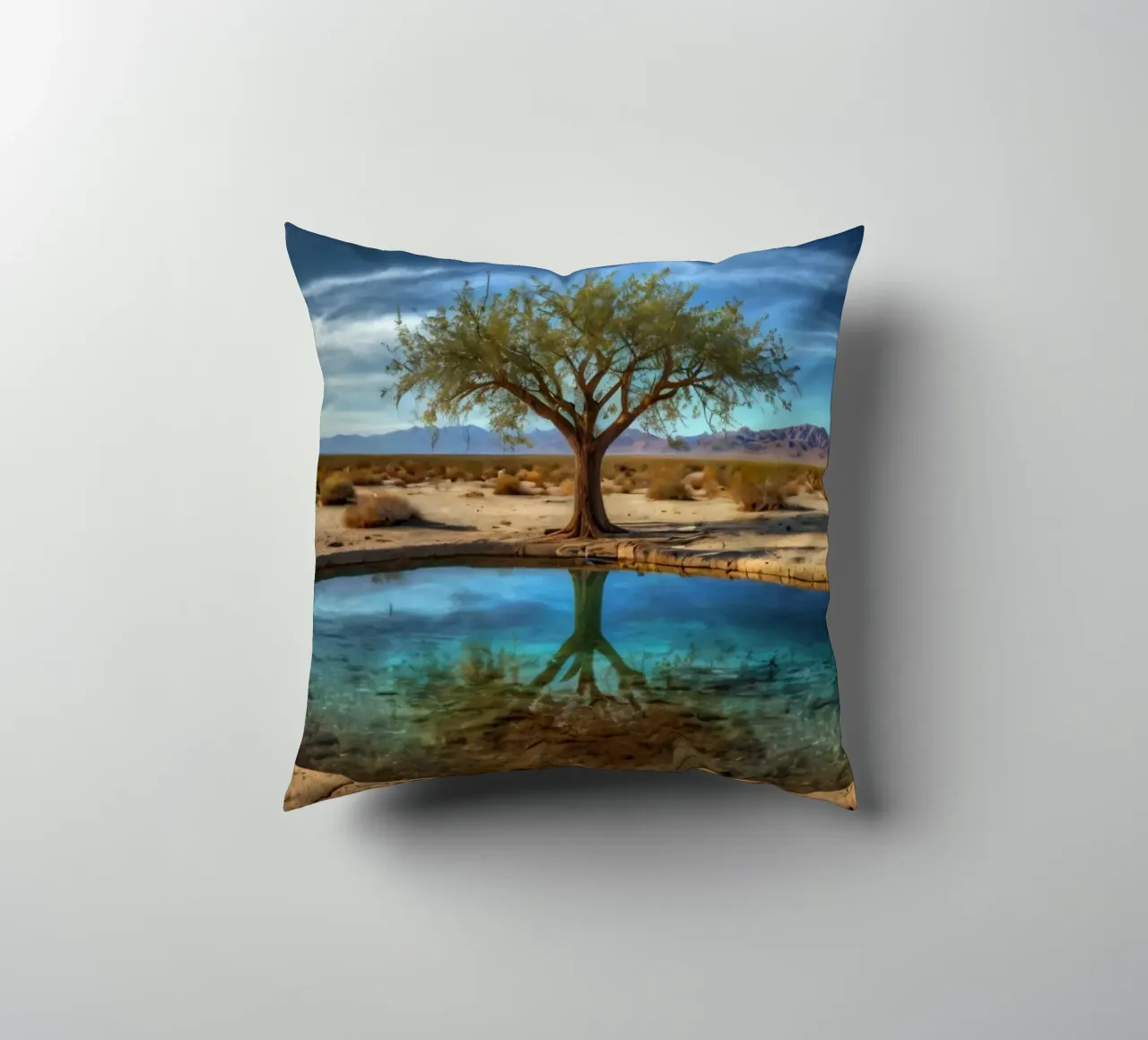 Un'oasi di pace nel deserto con un albero vivace che si riflette in un'atmosfera limpida. cuscino da DesignDoodle