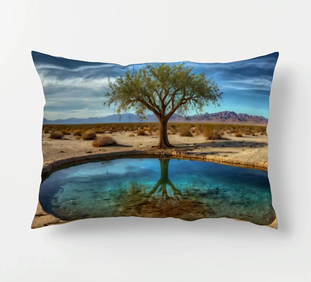 Un'oasi di pace nel deserto con un albero vivace che si riflette in un'atmosfera limpida. cuscino da DesignDoodle
