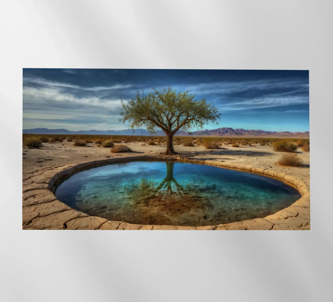 Un'oasi di pace nel deserto con un albero vivace che si riflette in un'atmosfera limpida. pellicola backlit da DesignDoodle