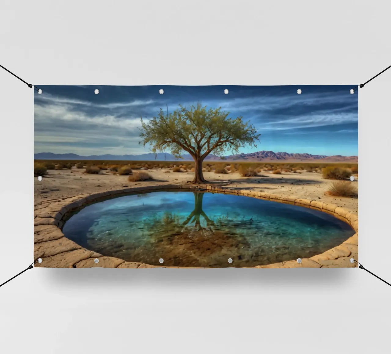 Un'oasi di pace nel deserto con un albero vivace che si riflette in un'atmosfera limpida. telo in pvc da DesignDoodle