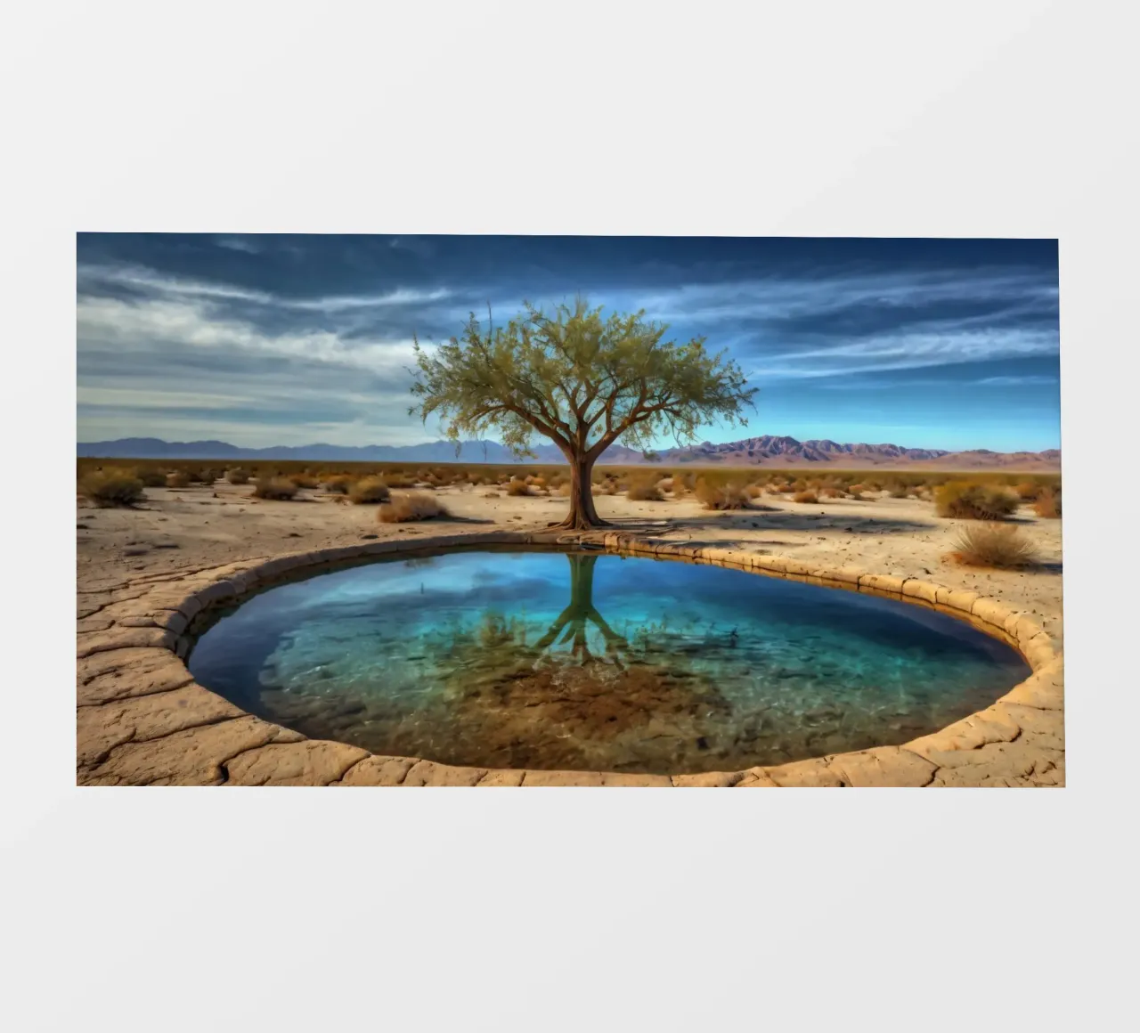 Un'oasi di pace nel deserto con un albero vivace che si riflette in un'atmosfera limpida. telo in pvc da DesignDoodle
