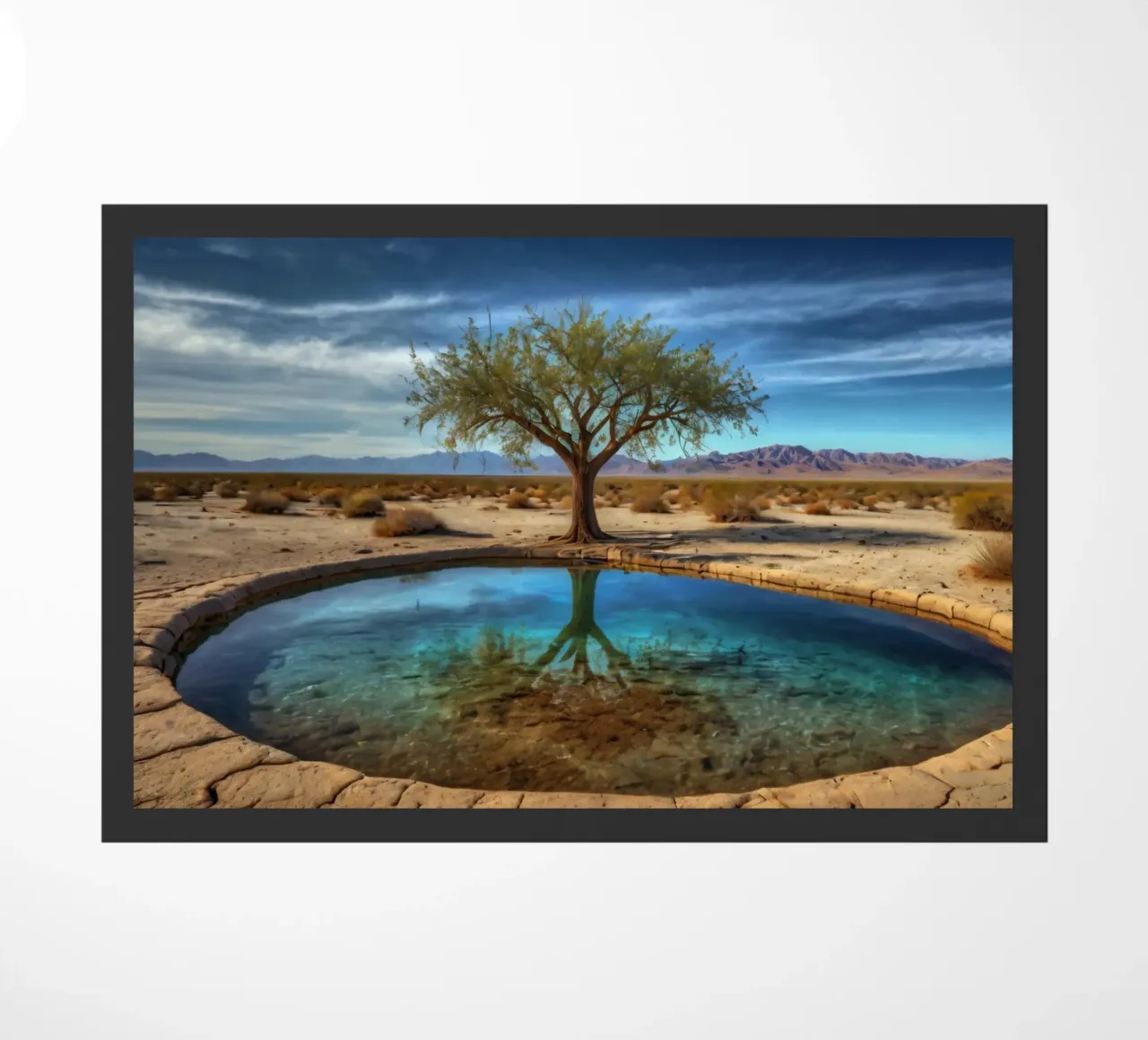Un'oasi di pace nel deserto con un albero vivace che si riflette in un'atmosfera limpida. zerbino da DesignDoodle