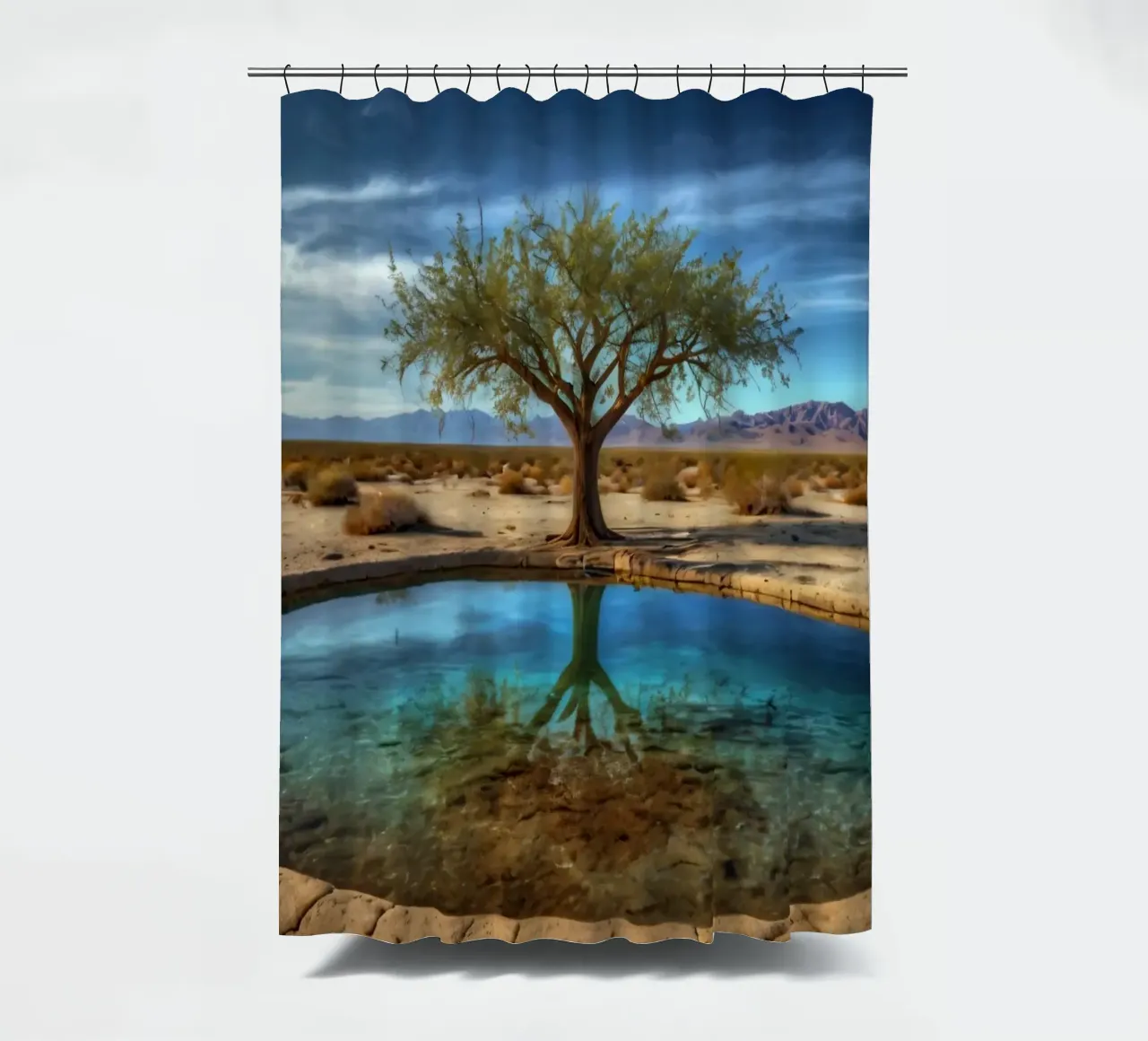 Un'oasi di pace nel deserto con un albero vivace che si riflette in un'atmosfera limpida. tenda da doccia da DesignDoodle