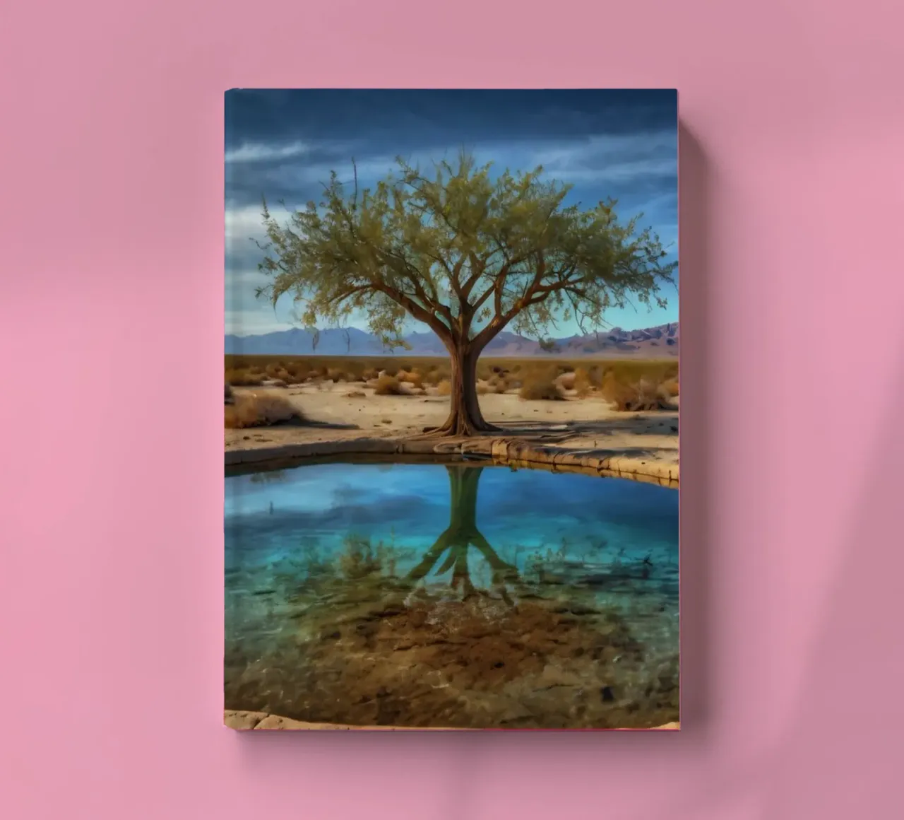 A calm desert oasis with a vibrant tree reflecting in clear notebook by DesignDoodle