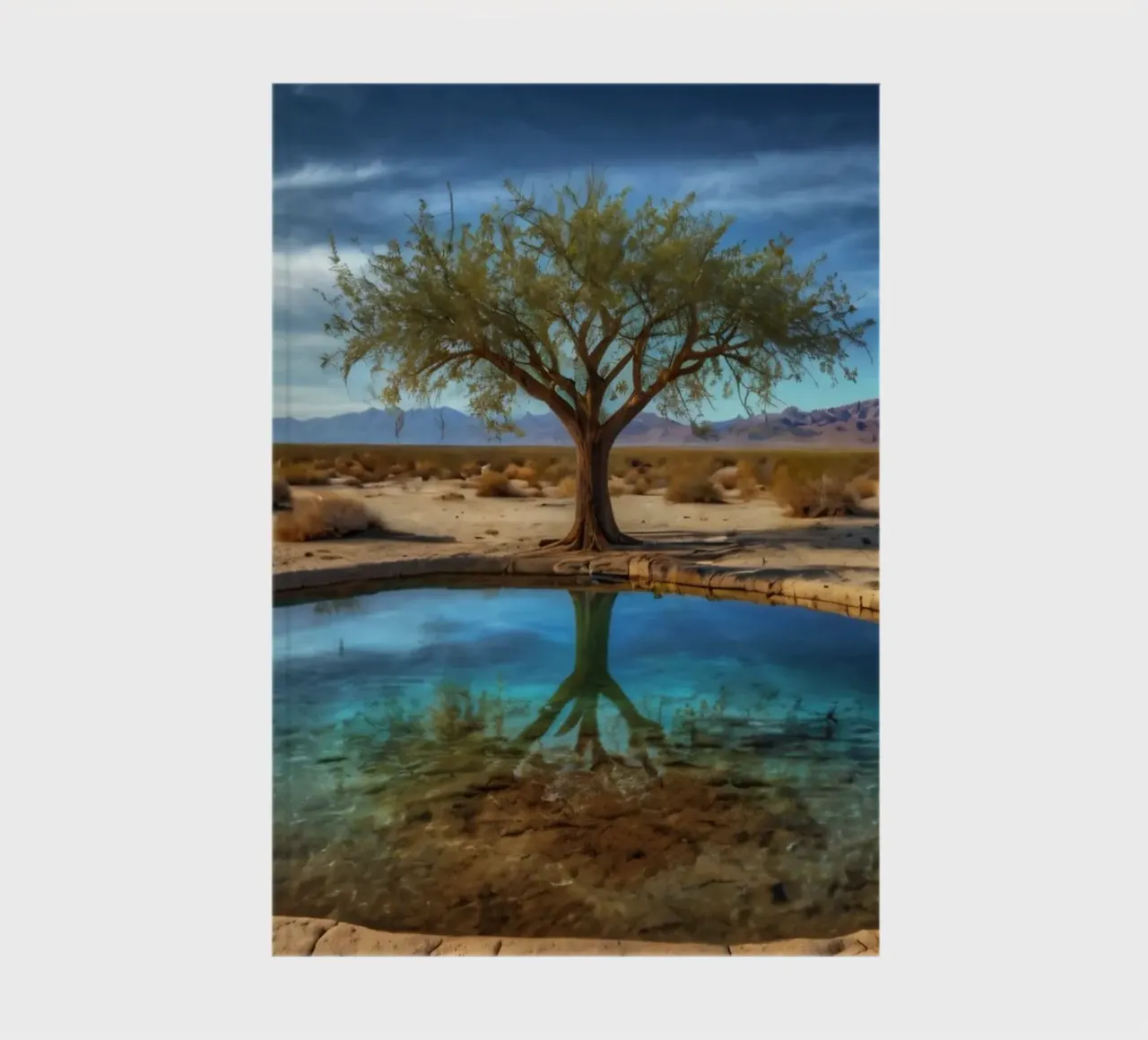 A calm desert oasis with a vibrant tree reflecting in clear notebook by DesignDoodle