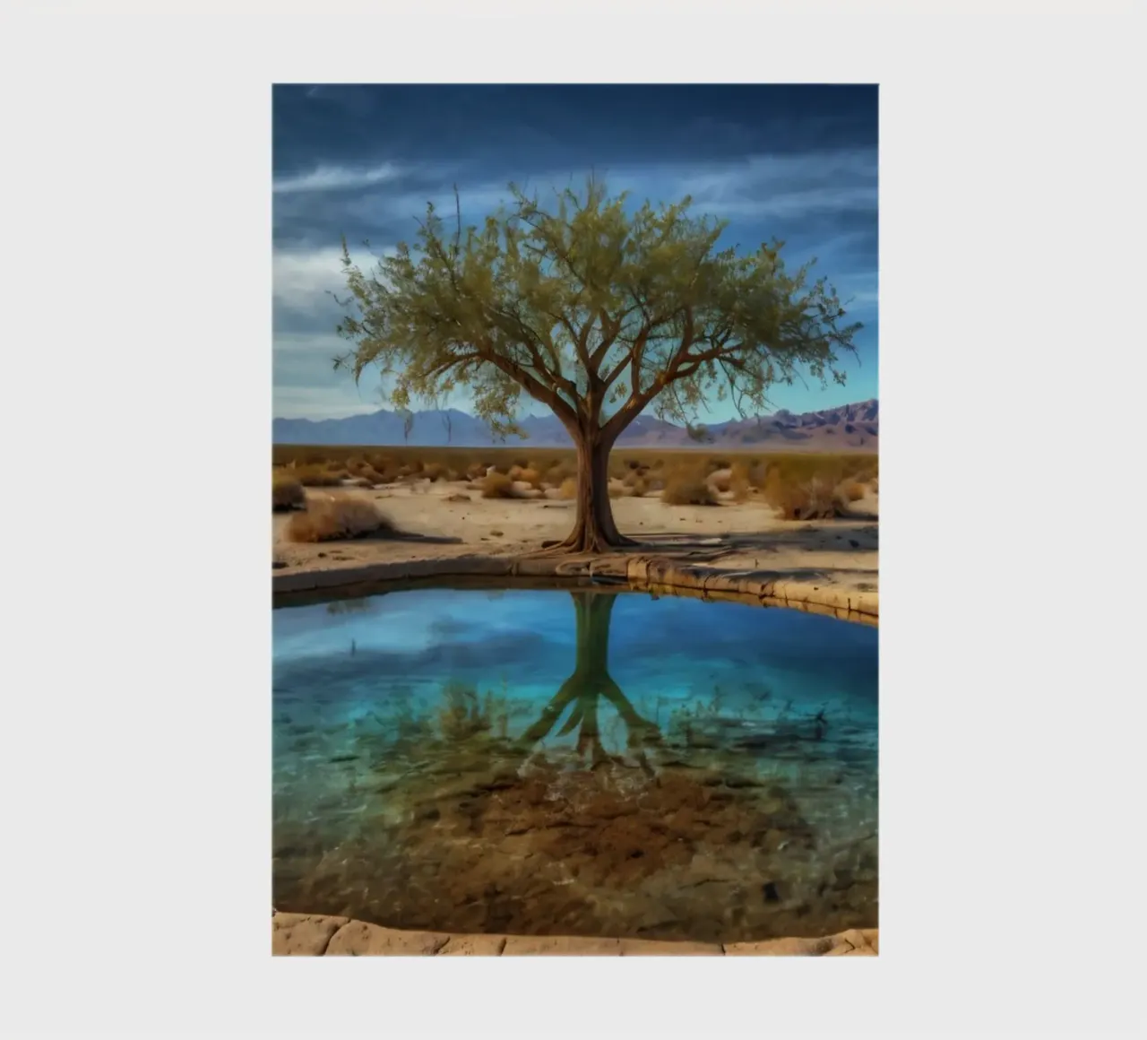 A calm desert oasis with a vibrant tree reflecting in clear notebook by DesignDoodle