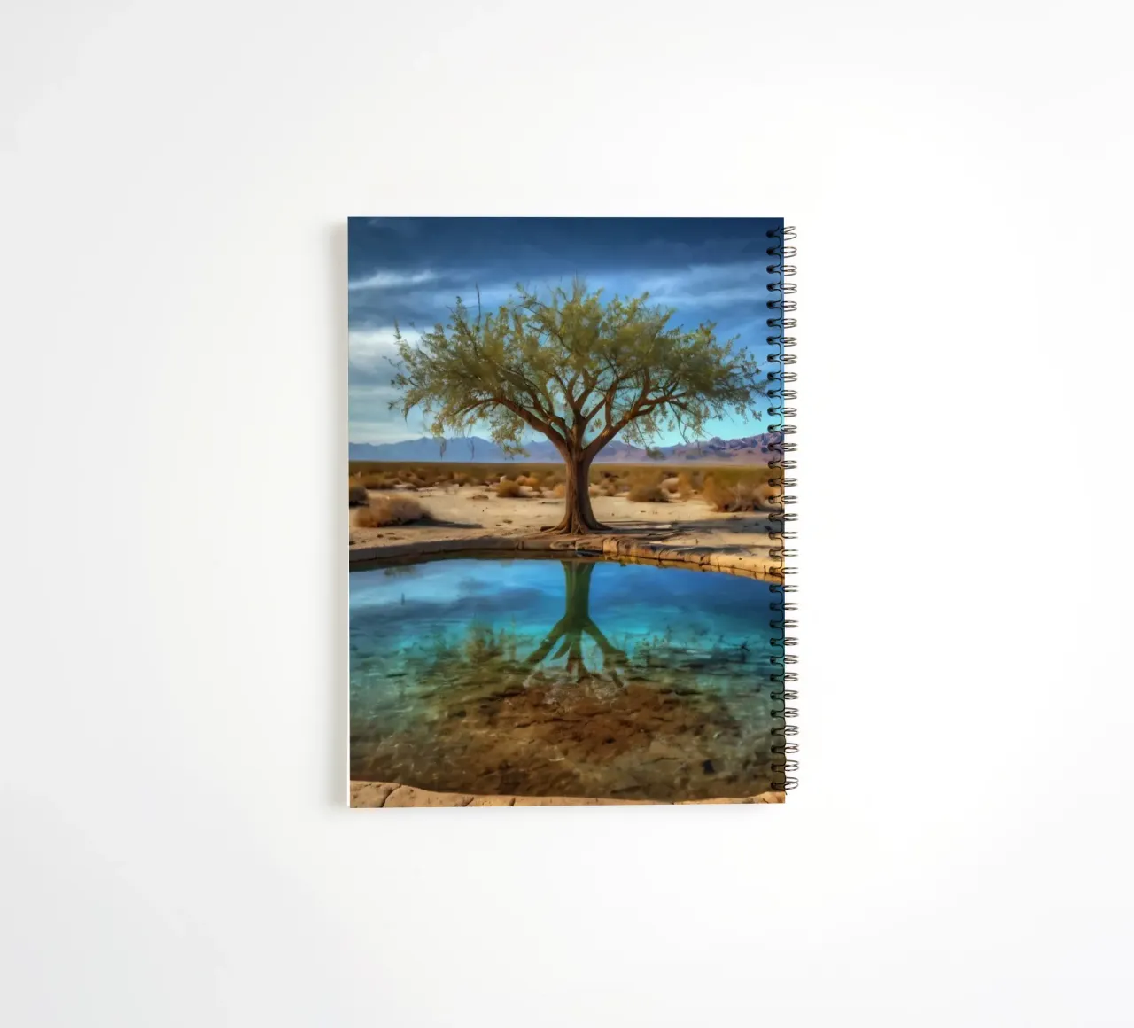 A calm desert oasis with a vibrant tree reflecting in clear spiral notebook by DesignDoodle