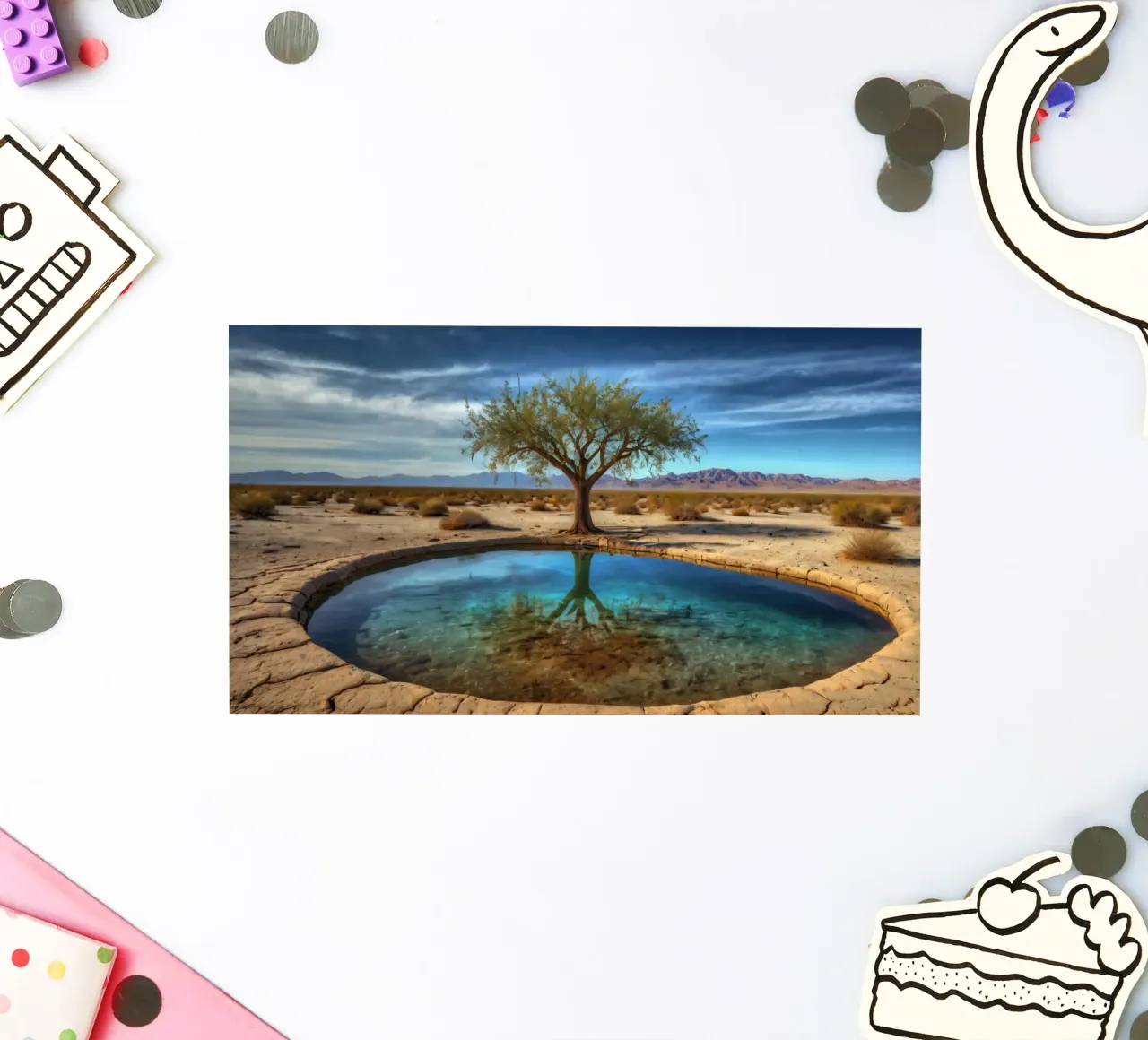 Un'oasi di pace nel deserto con un albero vivace che si riflette in un'atmosfera limpida. adesivo da DesignDoodle