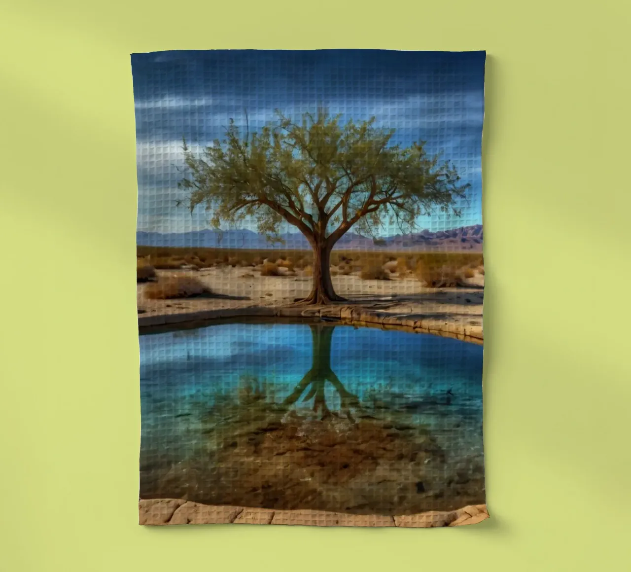 Un'oasi di pace nel deserto con un albero vivace che si riflette in un'atmosfera limpida. canovaccio da cucina da DesignDoodle