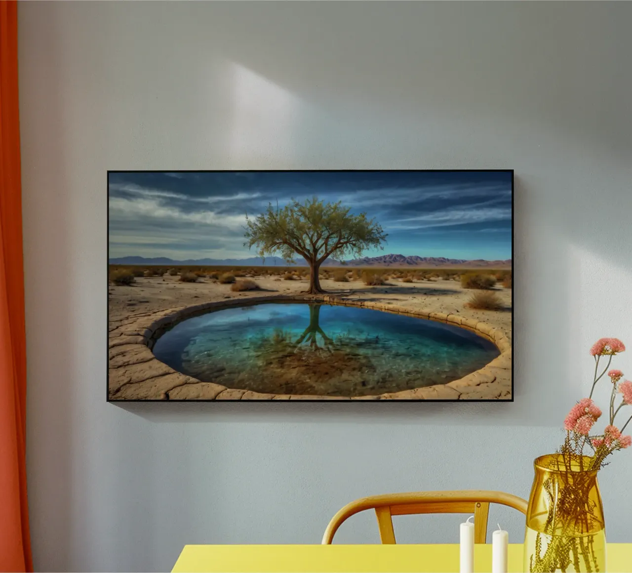 Un'oasi di pace nel deserto con un albero vivace che si riflette in un'atmosfera limpida. plexiglass da DesignDoodle