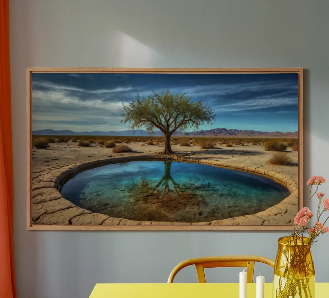 Un'oasi di pace nel deserto con un albero vivace che si riflette in un'atmosfera limpida. alluminio dibond da DesignDoodle