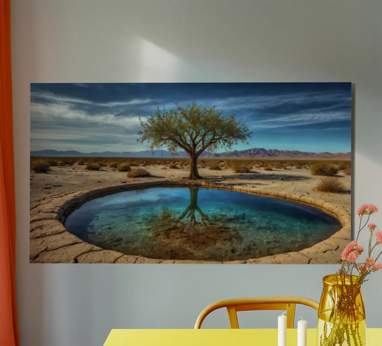 Un'oasi di pace nel deserto con un albero vivace che si riflette in un'atmosfera limpida. alluminio dibond da DesignDoodle
