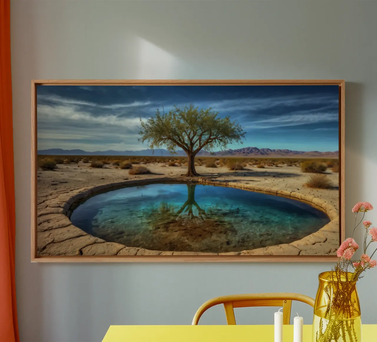 A calm desert oasis with a vibrant tree reflecting in clear canvas by DesignDoodle