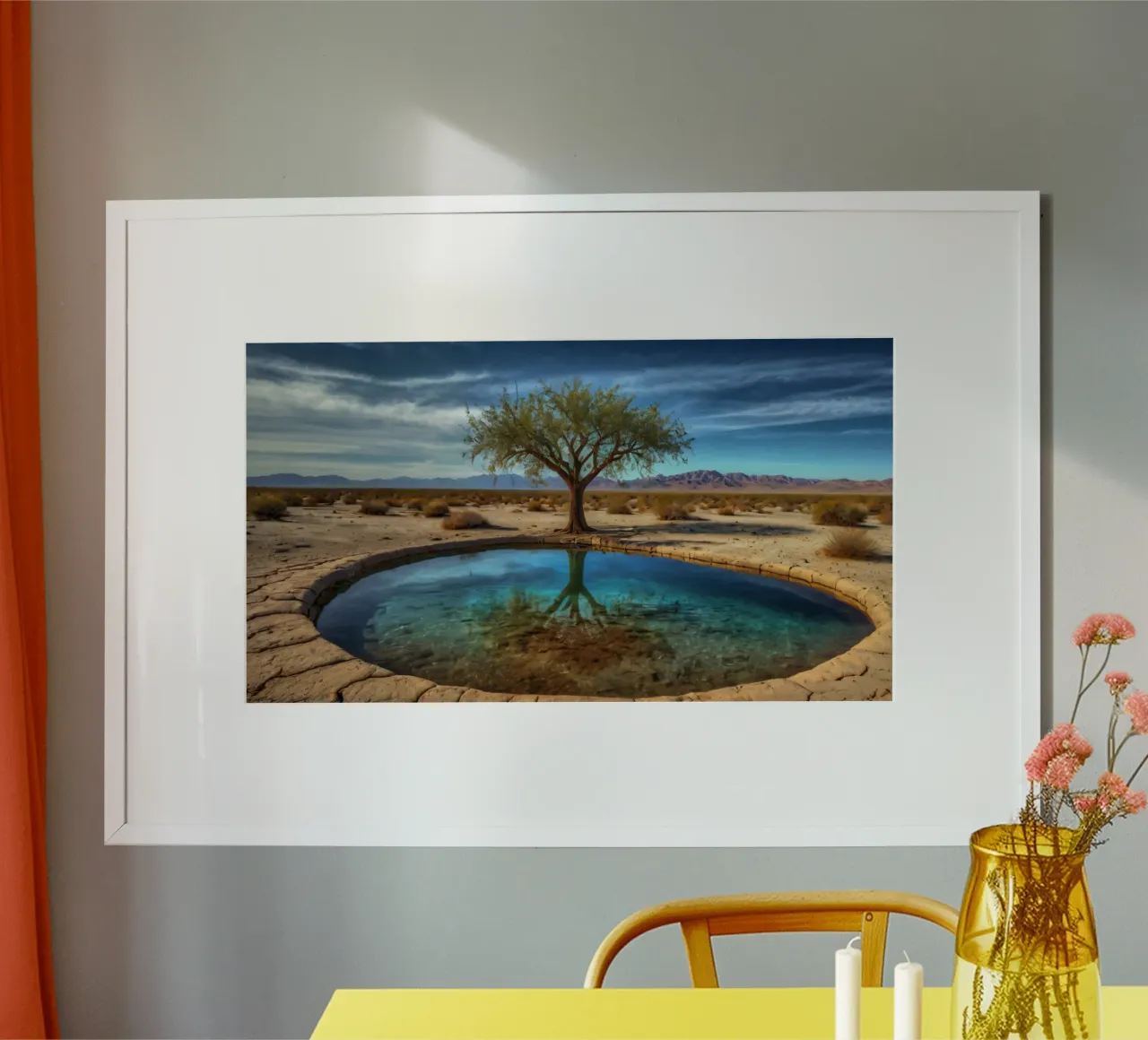 Un'oasi di pace nel deserto con un albero vivace che si riflette in un'atmosfera limpida. carta hahnemühle da DesignDoodle
