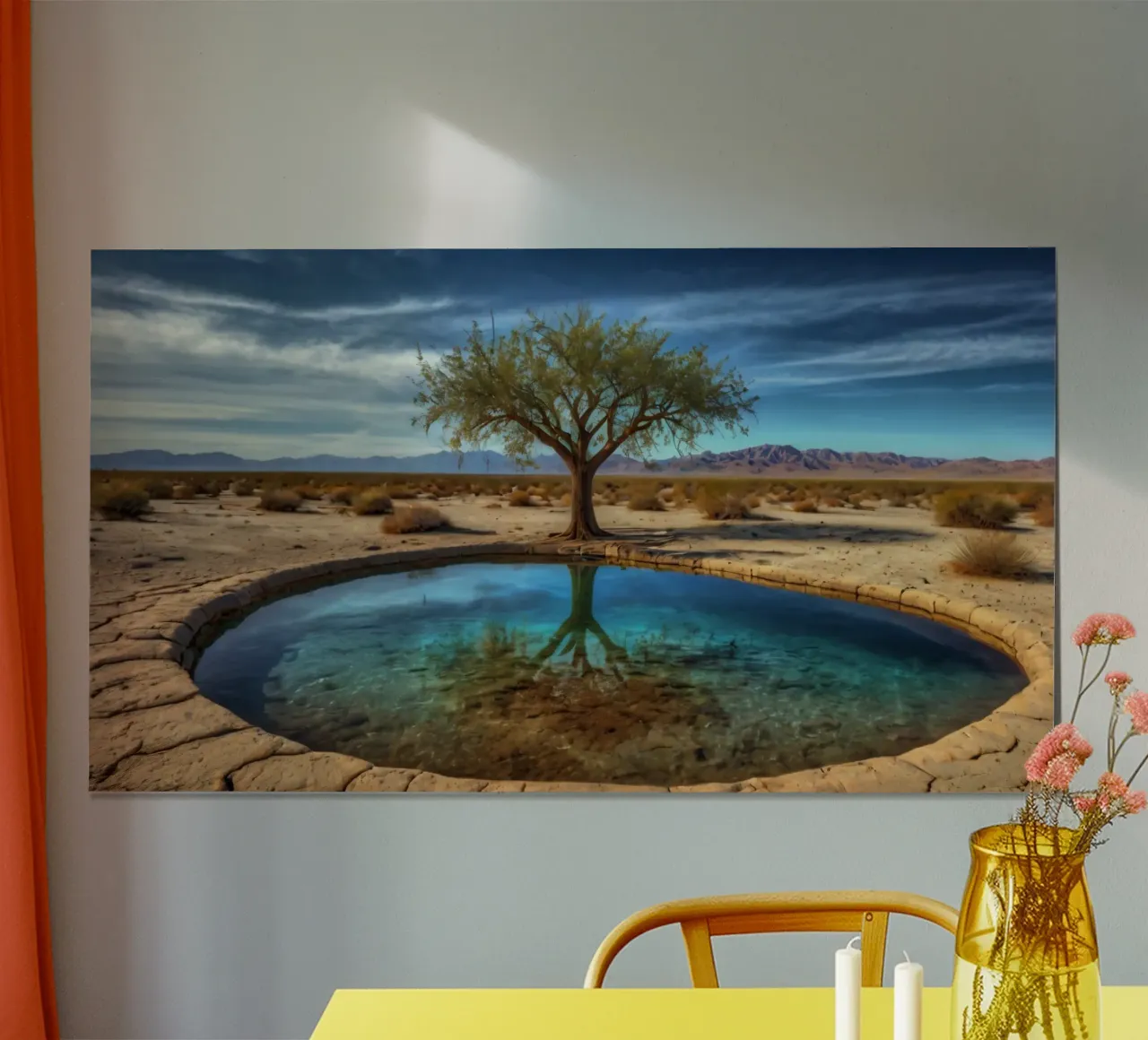 Un'oasi di pace nel deserto con un albero vivace che si riflette in un'atmosfera limpida. carta hahnemühle da DesignDoodle