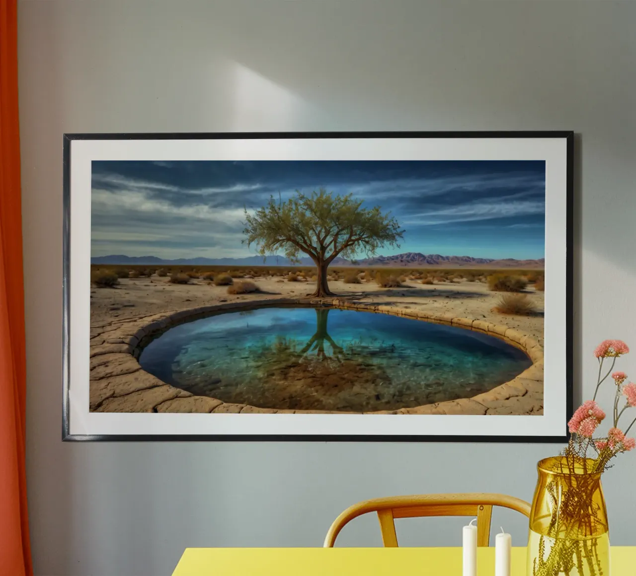 Un'oasi di pace nel deserto con un albero vivace che si riflette in un'atmosfera limpida. carta hahnemühle da DesignDoodle
