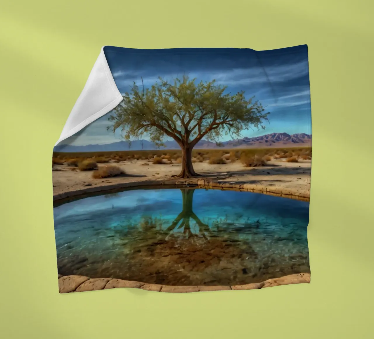 Un'oasi di pace nel deserto con un albero vivace che si riflette in un'atmosfera limpida. coperta in pile da DesignDoodle