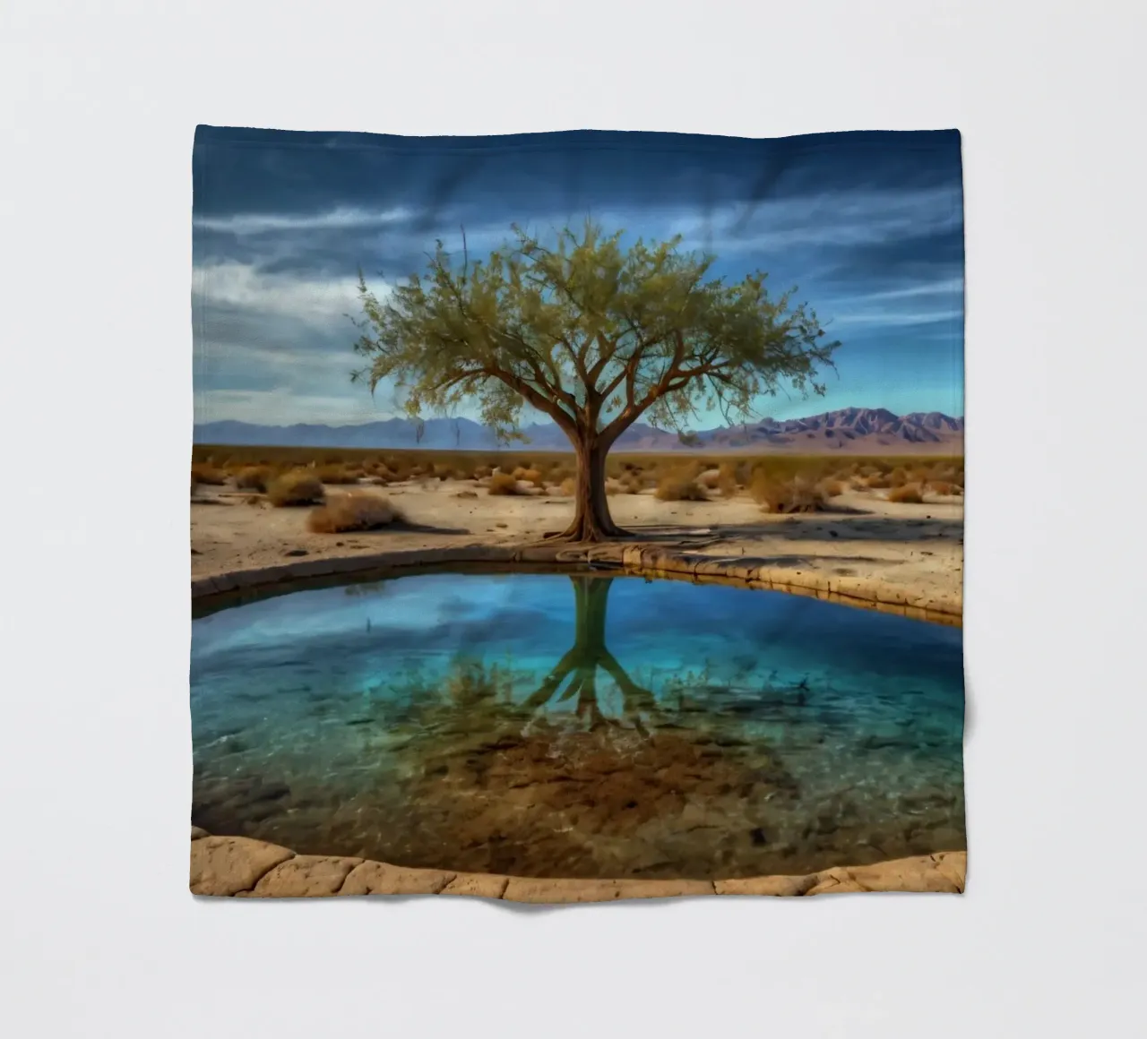 Un'oasi di pace nel deserto con un albero vivace che si riflette in un'atmosfera limpida. coperta in pile da DesignDoodle
