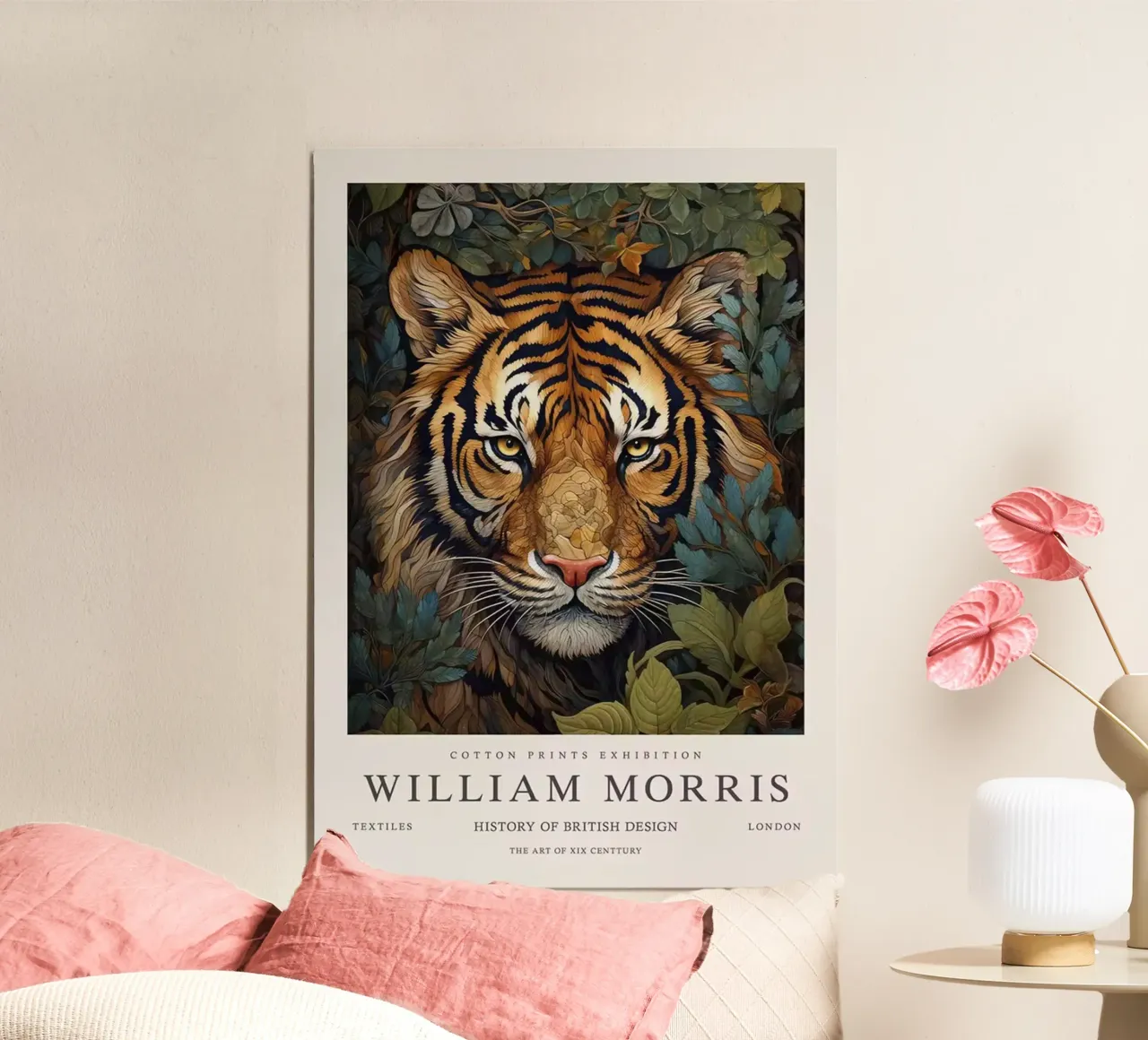 eng gezicht tekening kunst tijger william morris poster met kunststof frame van komo store