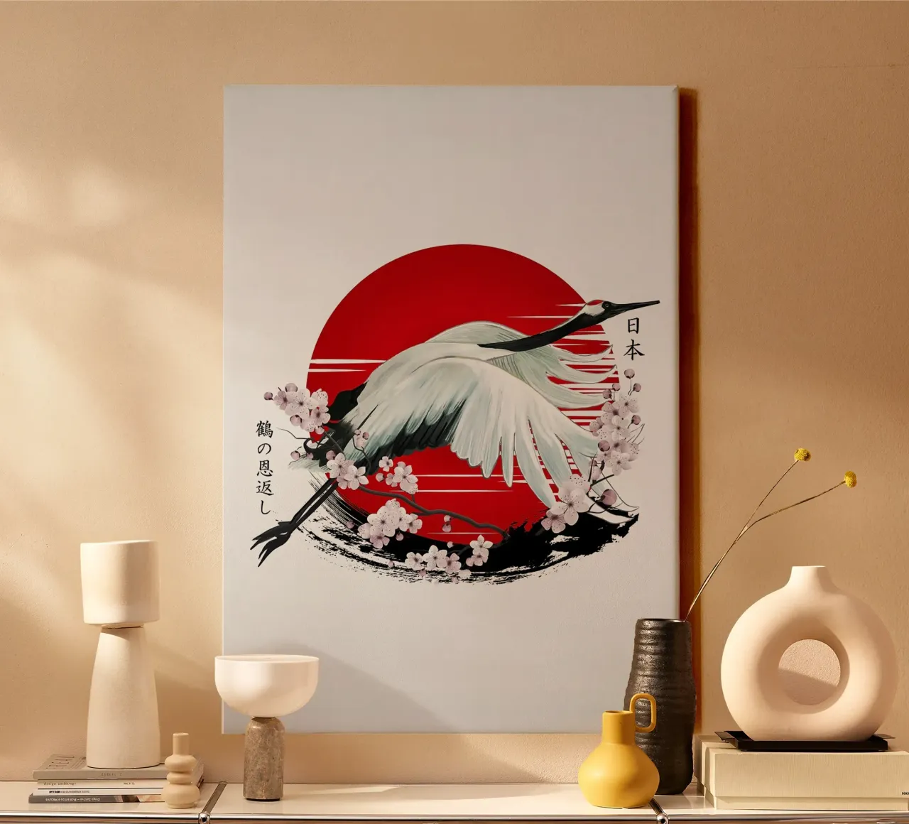 grue texte japonais soleil rouge fleurs de cerisier ailes blanches toile de minerva santiago