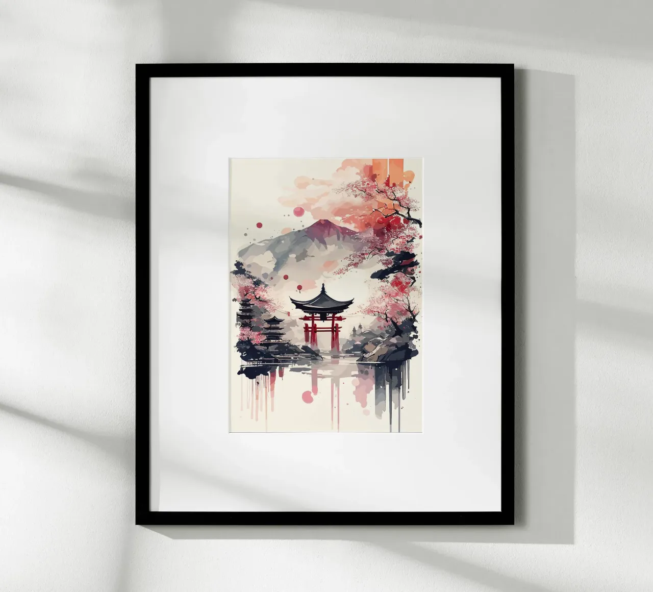 pagoda montagna fiori di ciliegio lago di riflessione poster con telaio in legno da minerva santiago